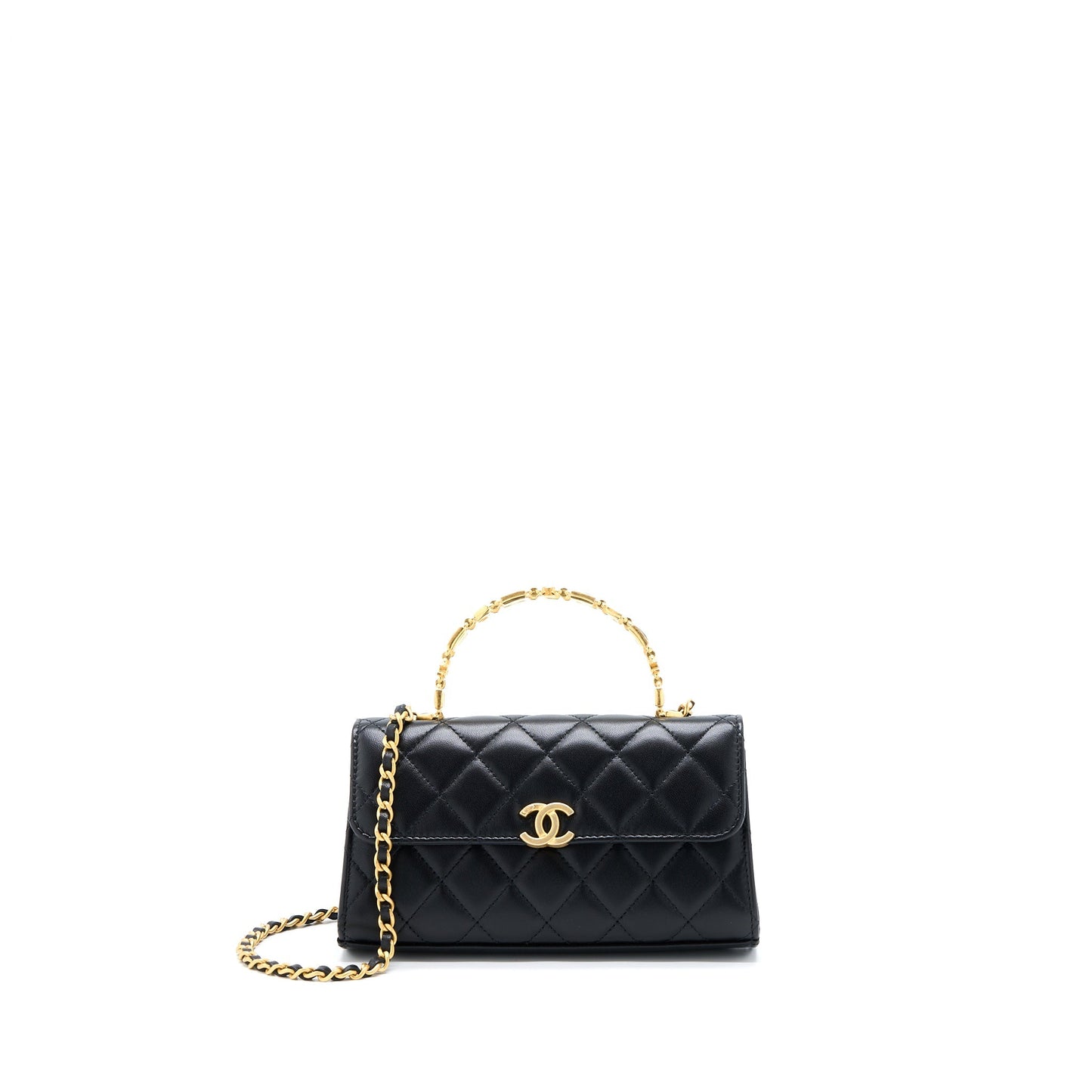 Chanel 22B Flap Enamel Top Handle Lambskin Black Shoulder Bag