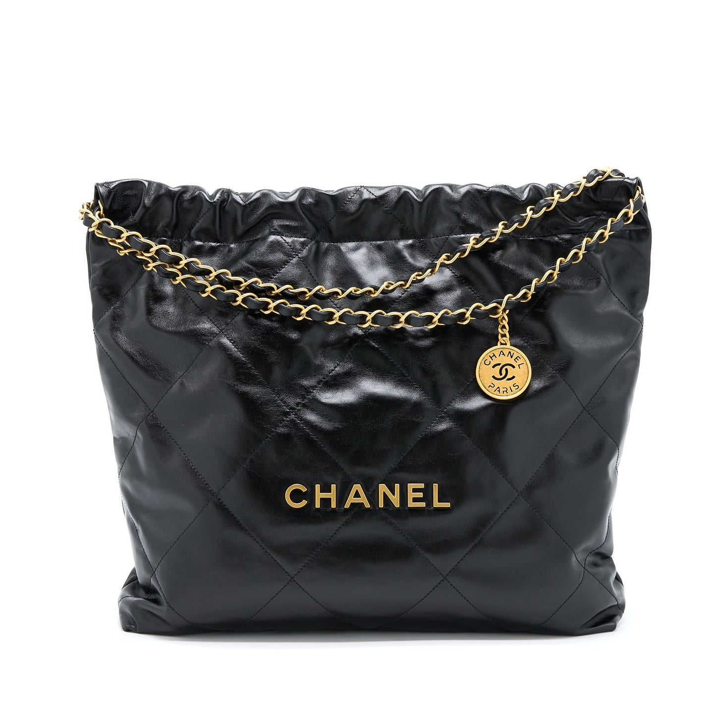 Chanel 22 Shiny Calfskin Letter GHW Microchip Black Gold Handbag
