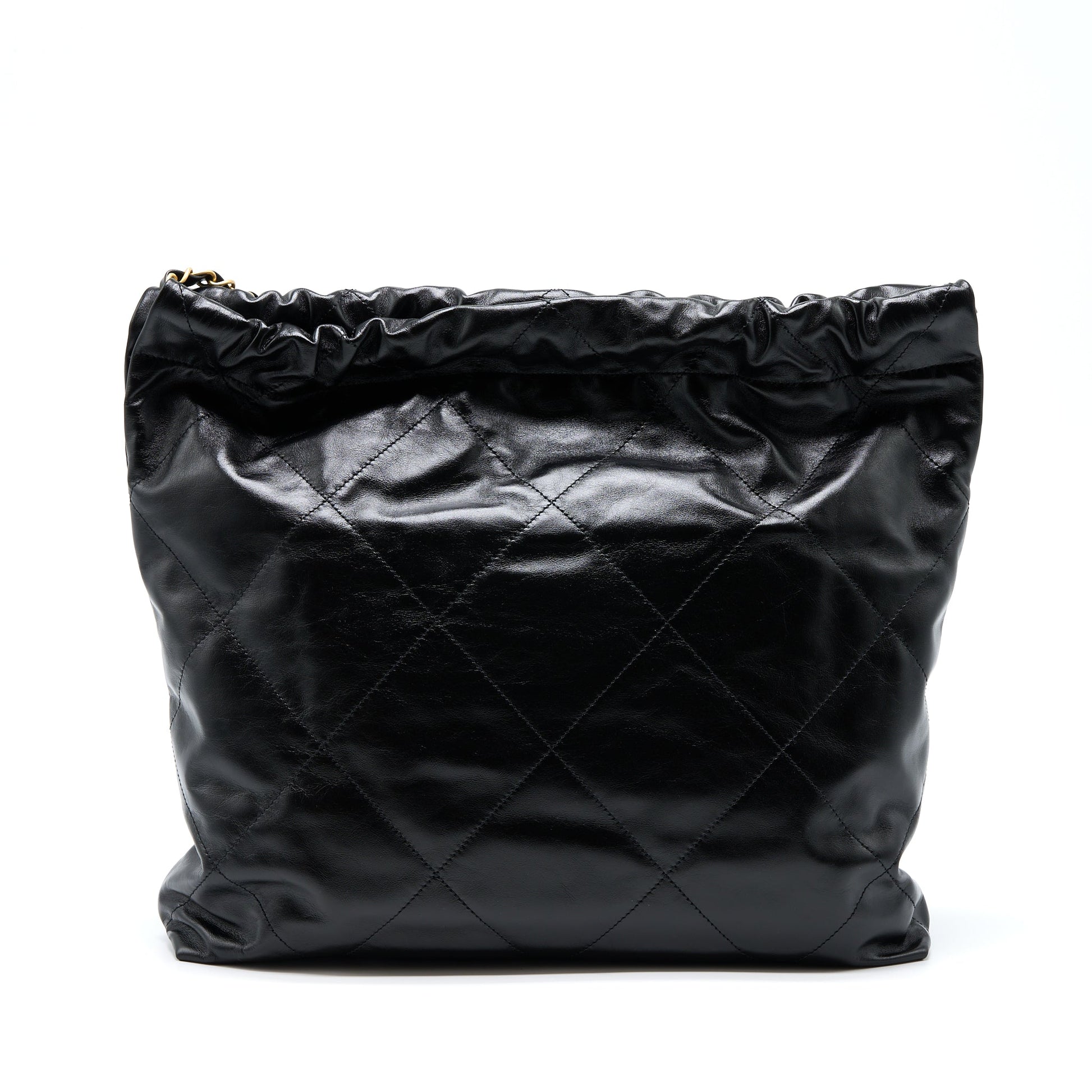 Chanel 22 Shiny Calfskin Letter GHW Microchip Black Gold Handbag