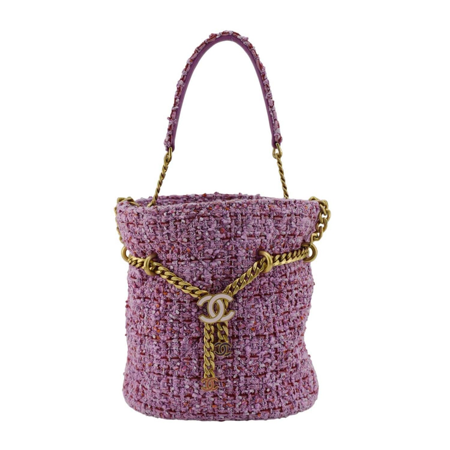 Chanel Pending Cc Tweed Enamel Drawstring Tote Bucket Bag Pink