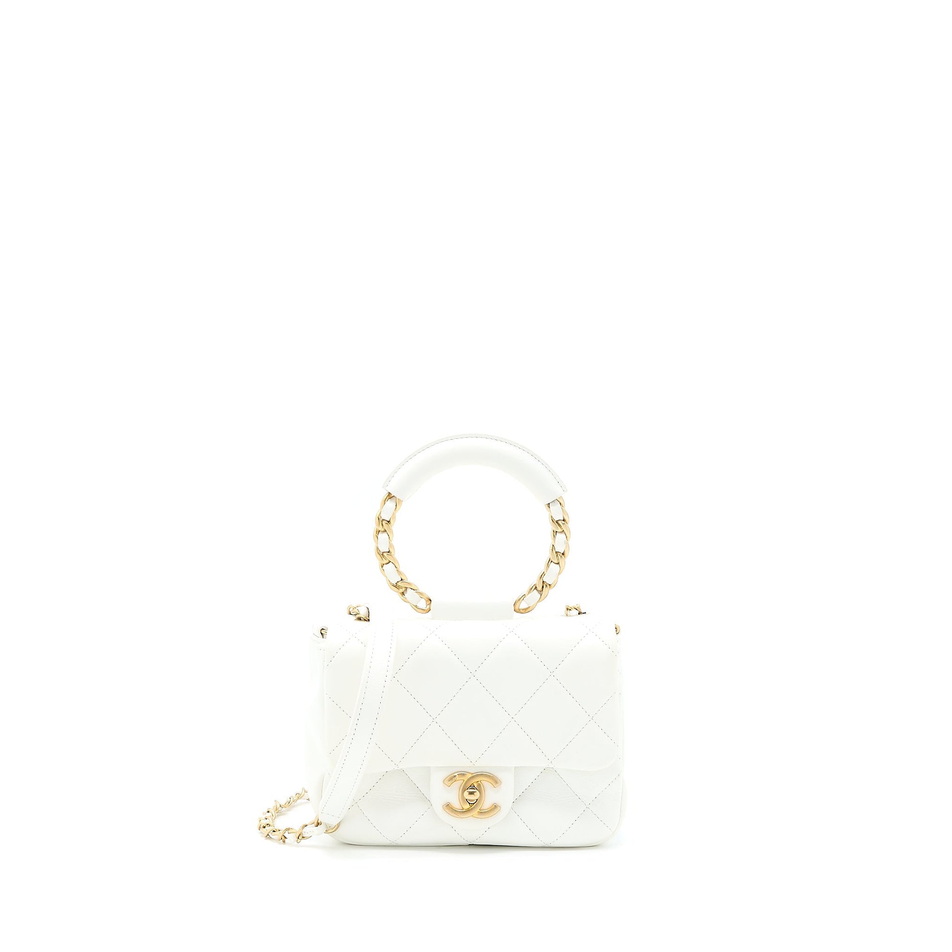Chanel Circular Handle Quilted Flap Lambskin Brushed White Shoulder Bag