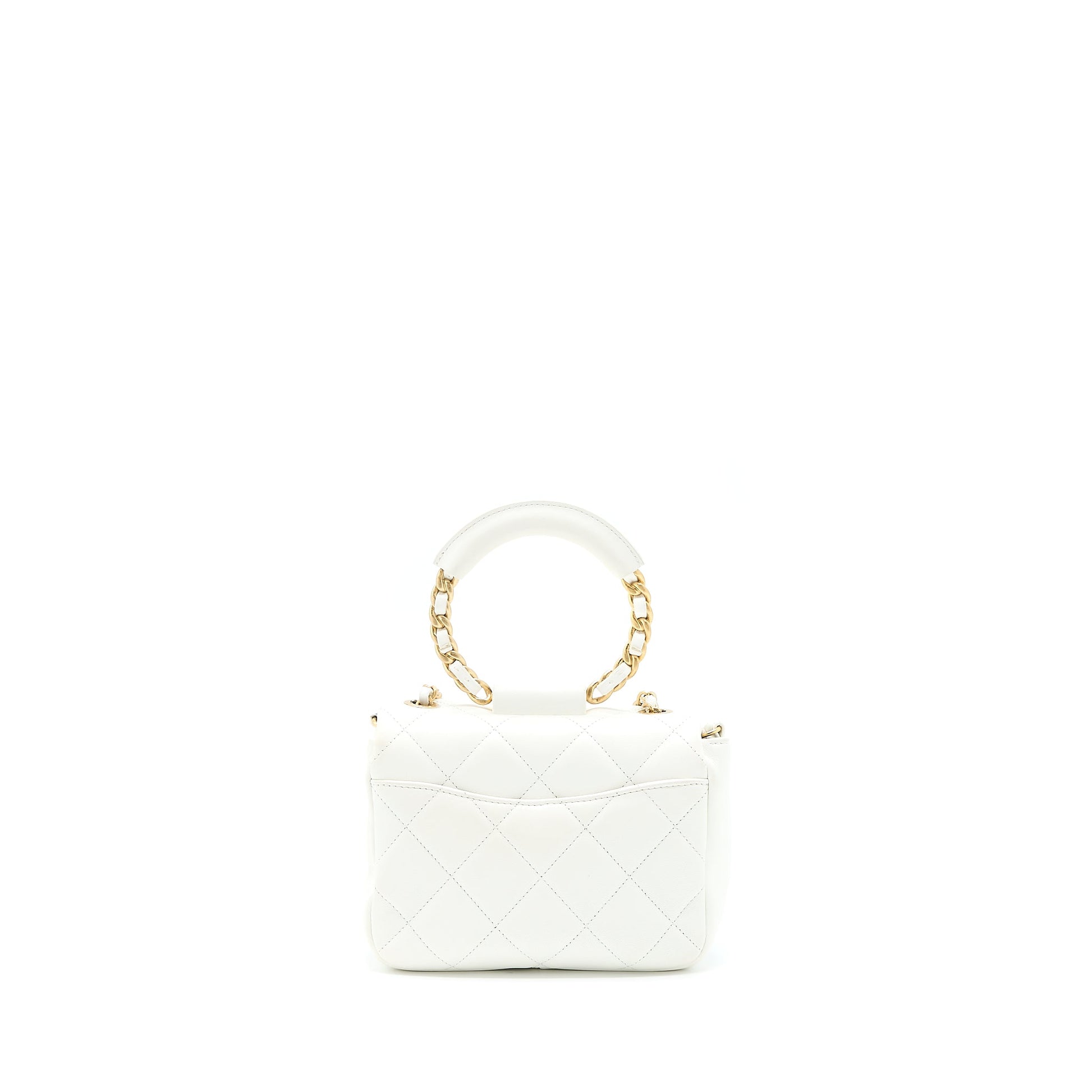 Chanel Circular Handle Quilted Flap Lambskin Brushed White Shoulder Bag