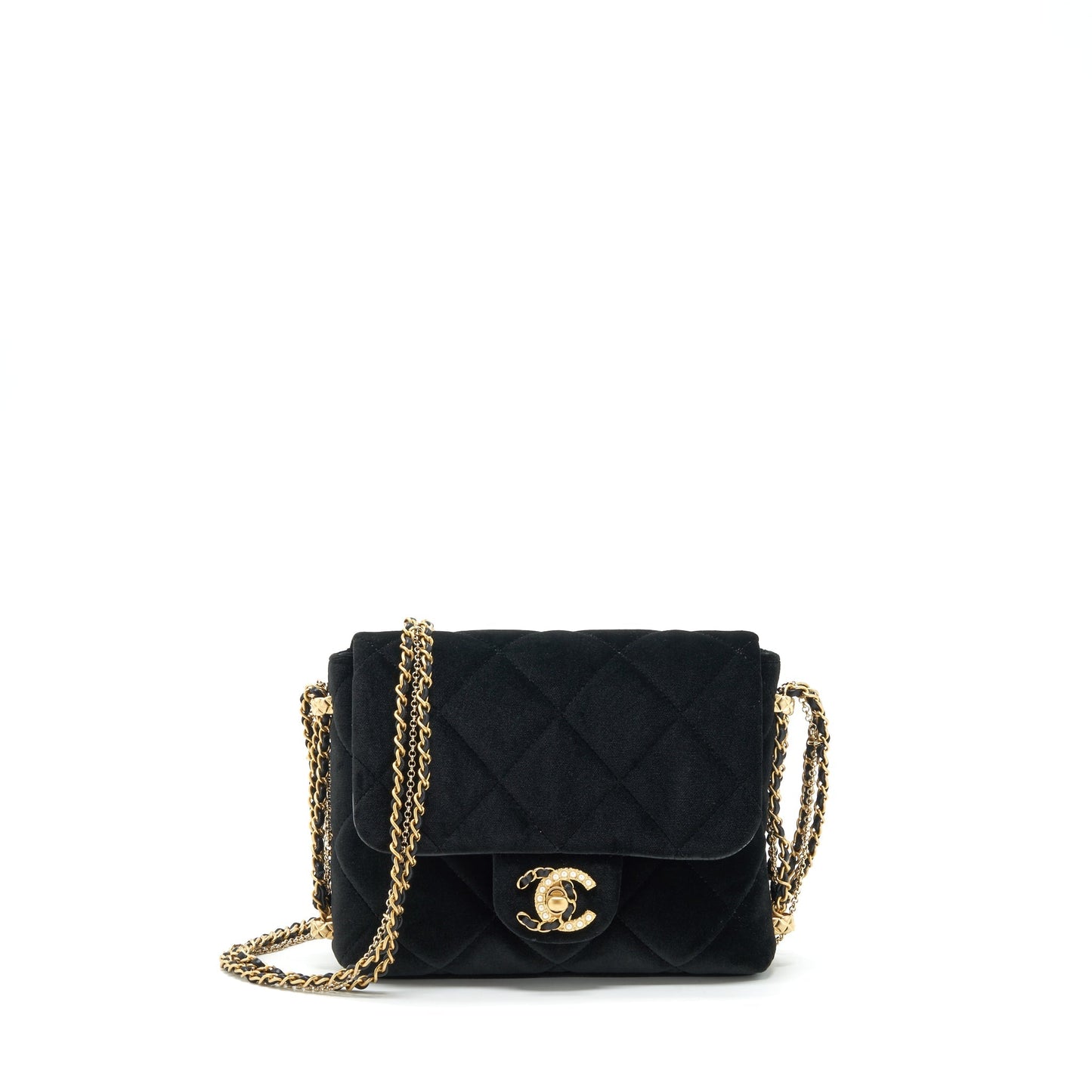 Chanel Flap Pearl Buckle Velvet GHW Black Leather Shoulder Bag