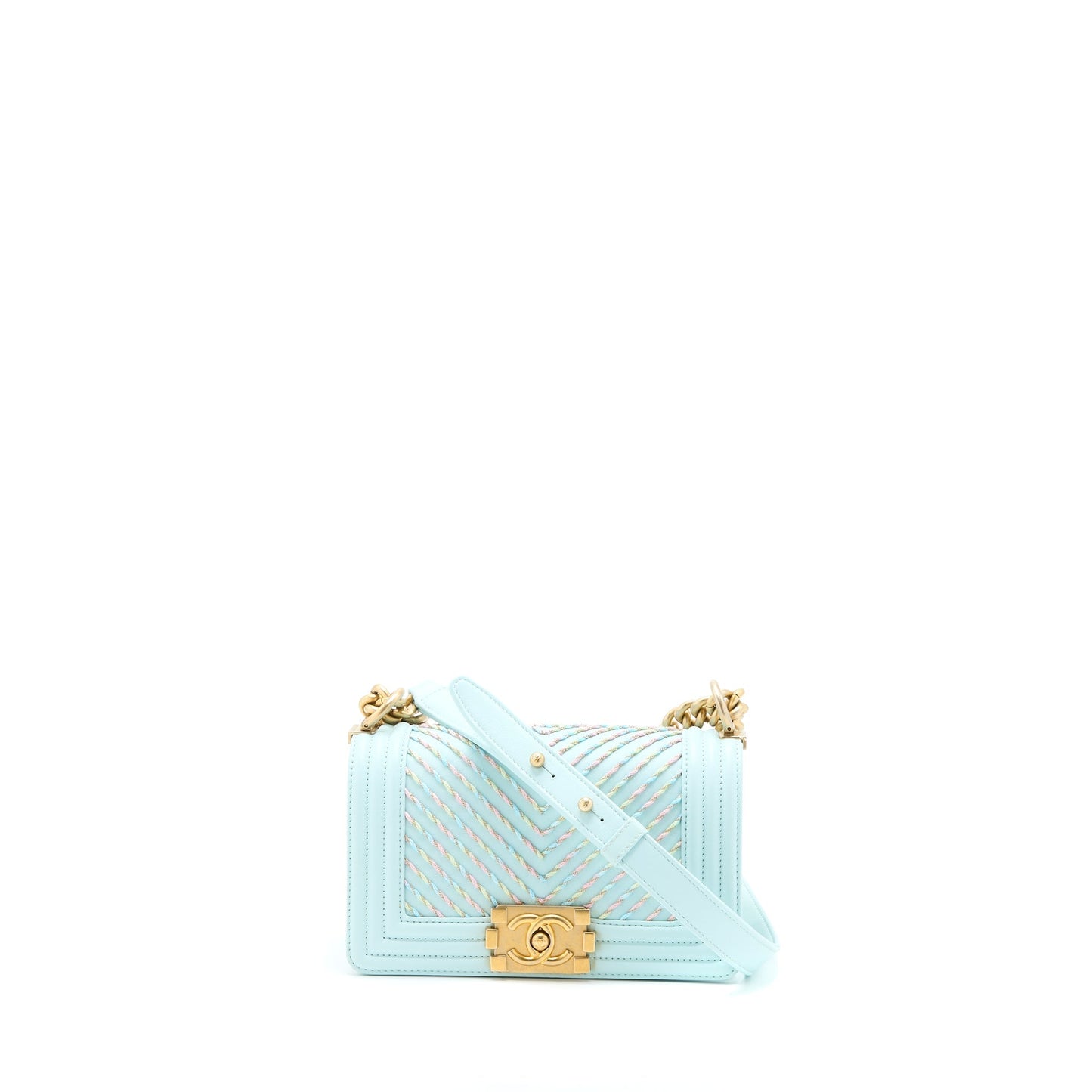 Chanel Boy Chevron Calfskin Light Brushed GHW Multicolour Blue Small Handbag