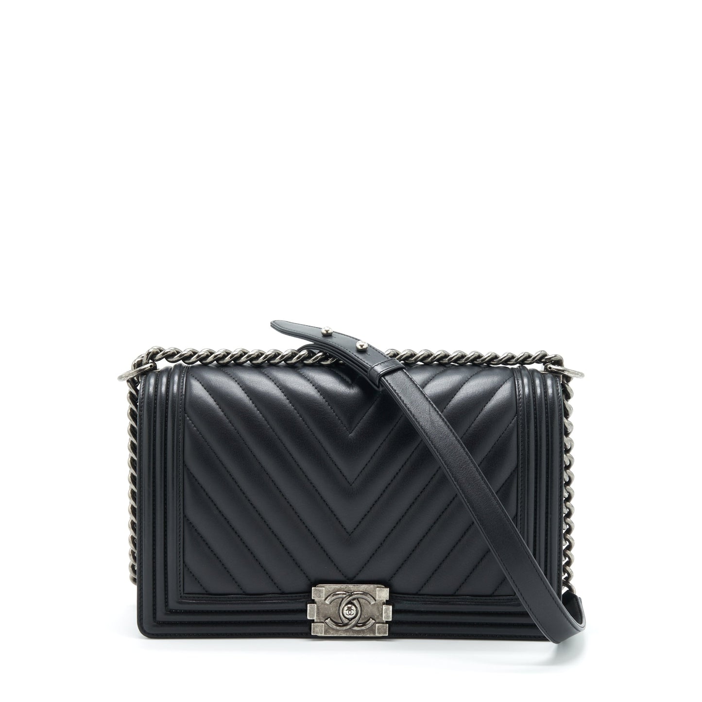 Chanel New Chevron Boy Calfskin Ruthenium Hardware Black Handbag