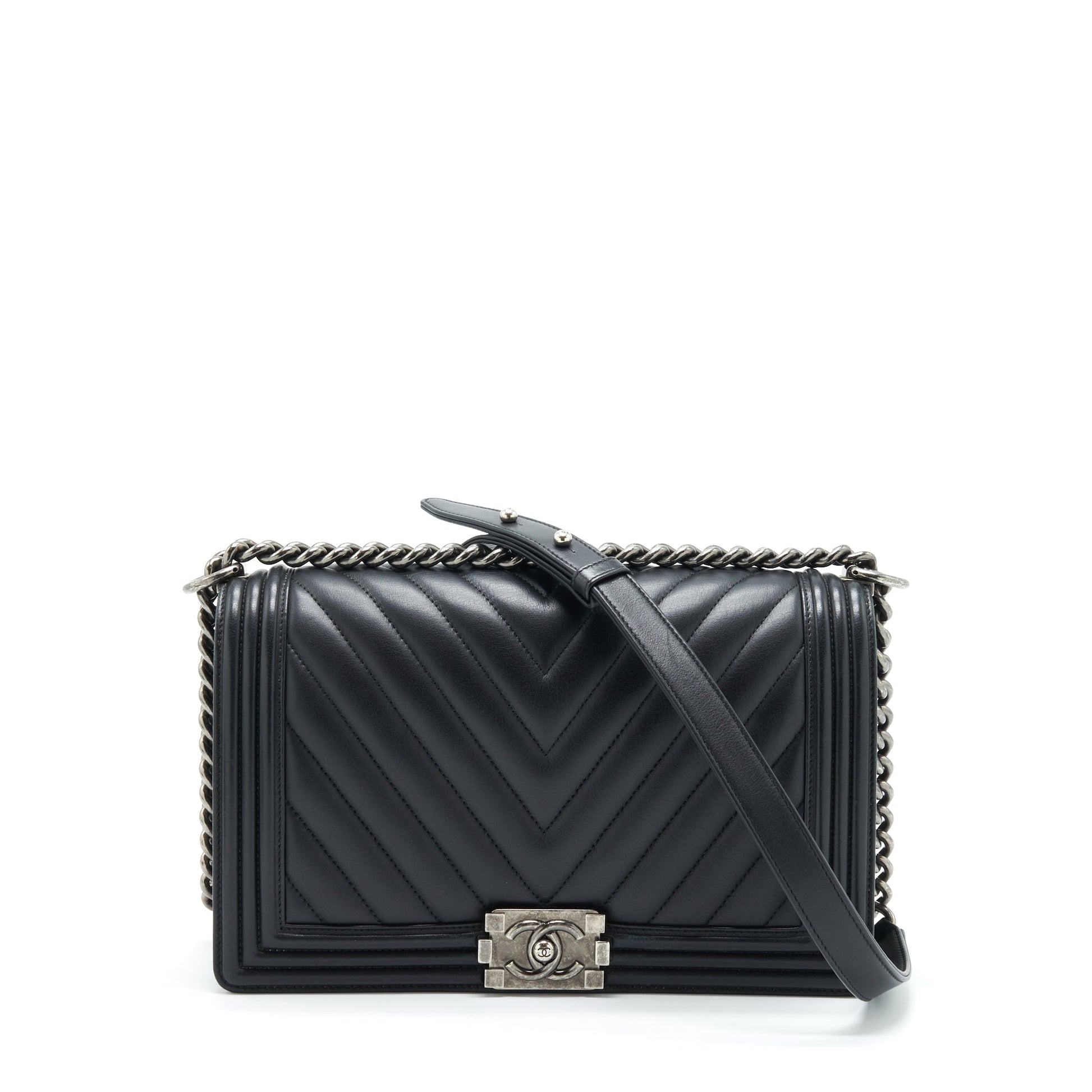 Chanel New Chevron Boy Calfskin Ruthenium Hardware Black Handbag