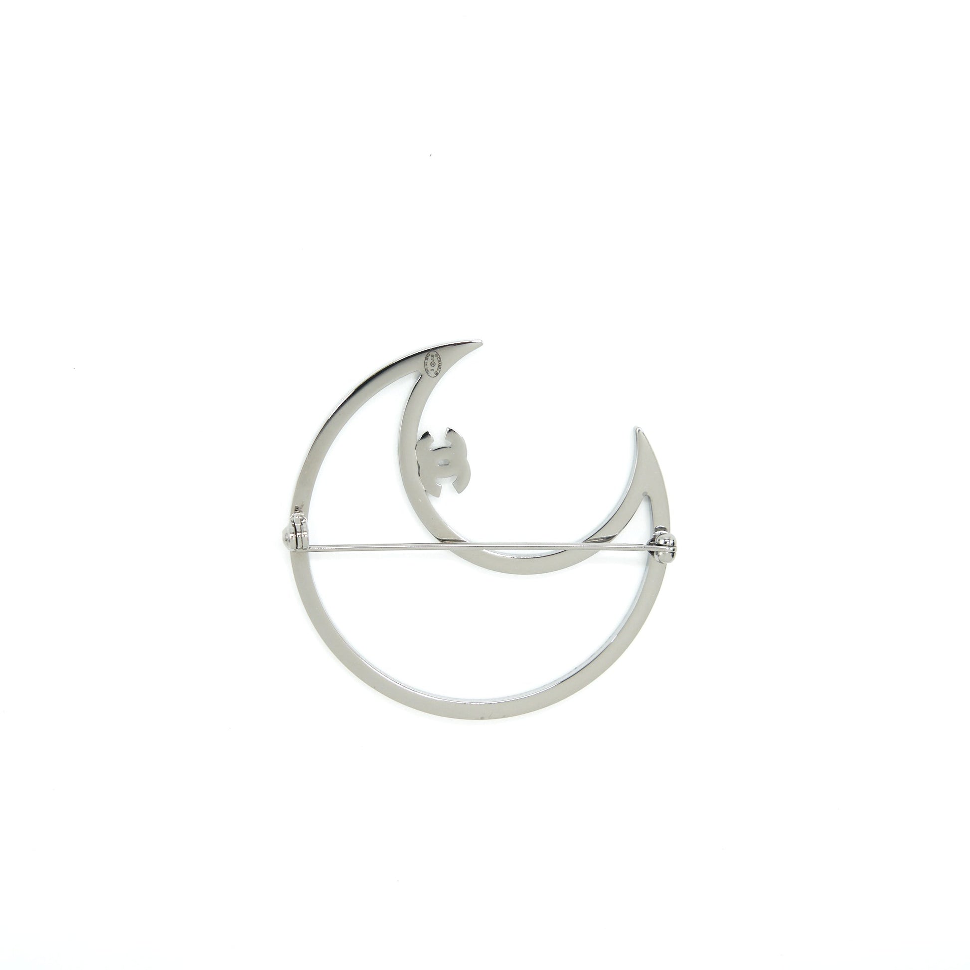 Chanel Crystal CC Crescent Moon Brooch Tone Silver Handbag