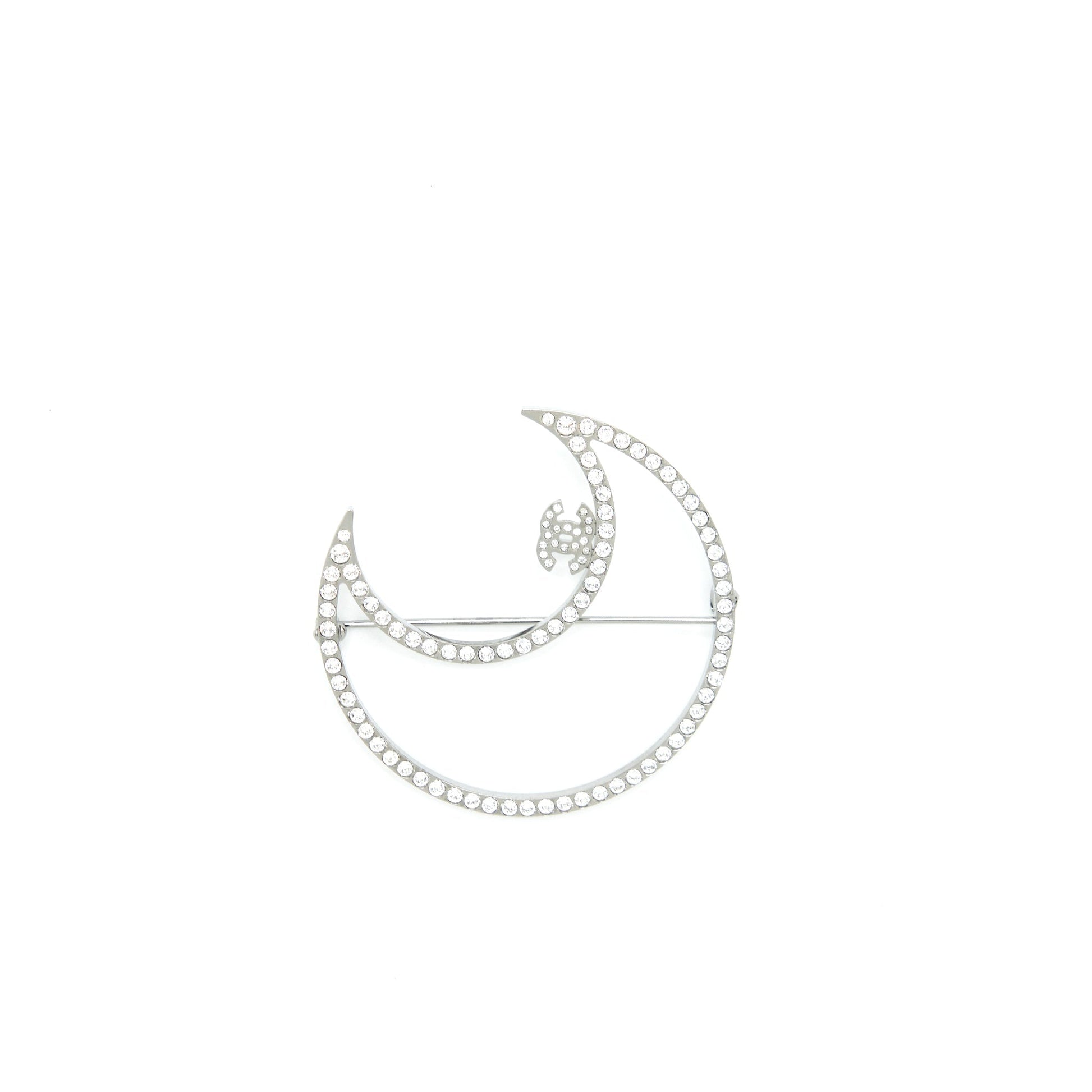 Chanel Crystal CC Crescent Moon Brooch Tone Silver Handbag