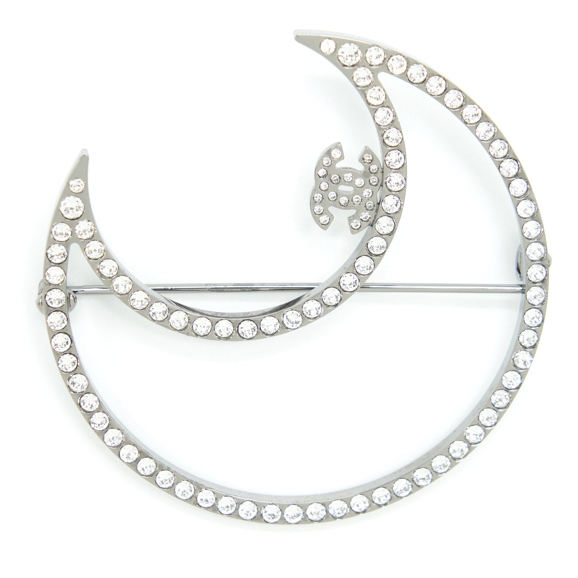 Chanel Crystal CC Crescent Moon Brooch Tone Silver Handbag