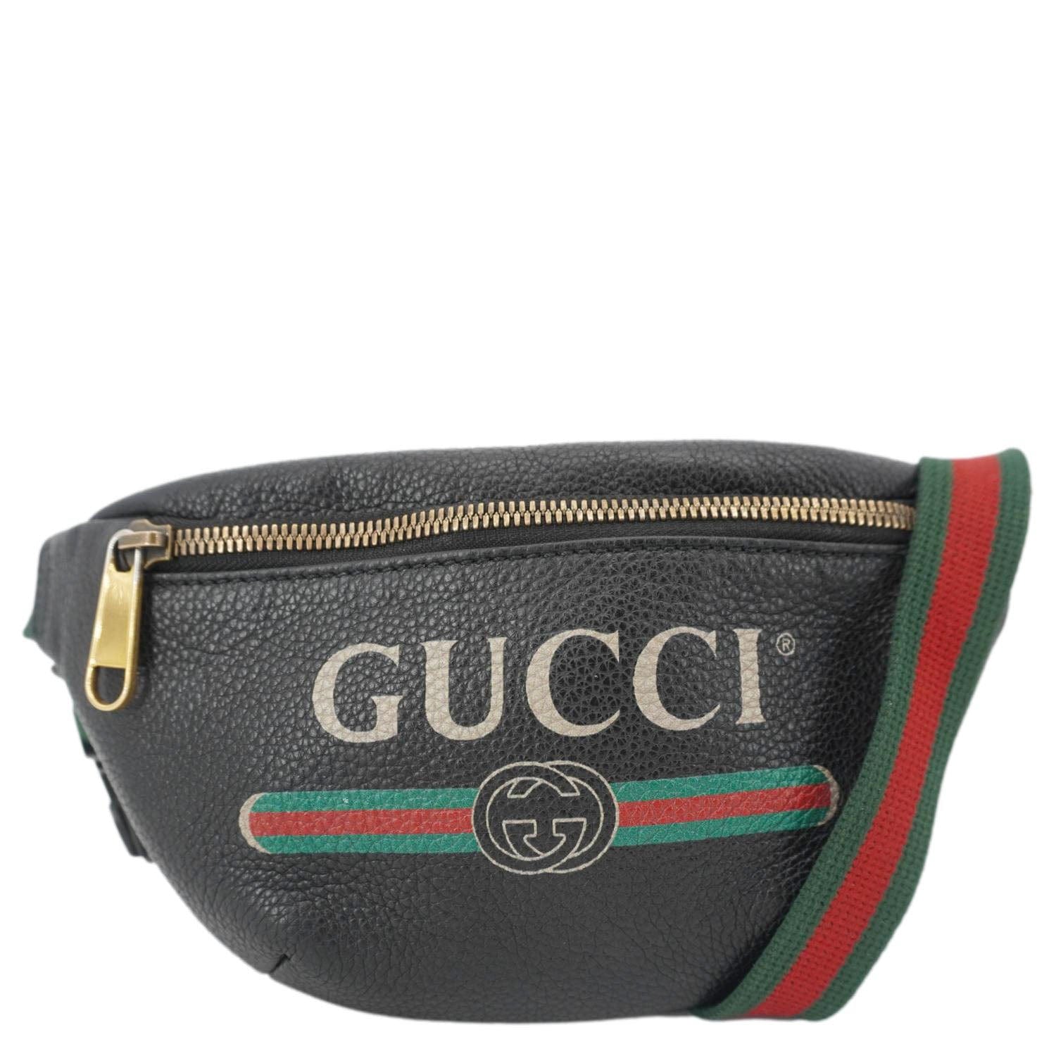 Gucci Logo Print Grained Calfskin Belt Bag Leather Black Accessory