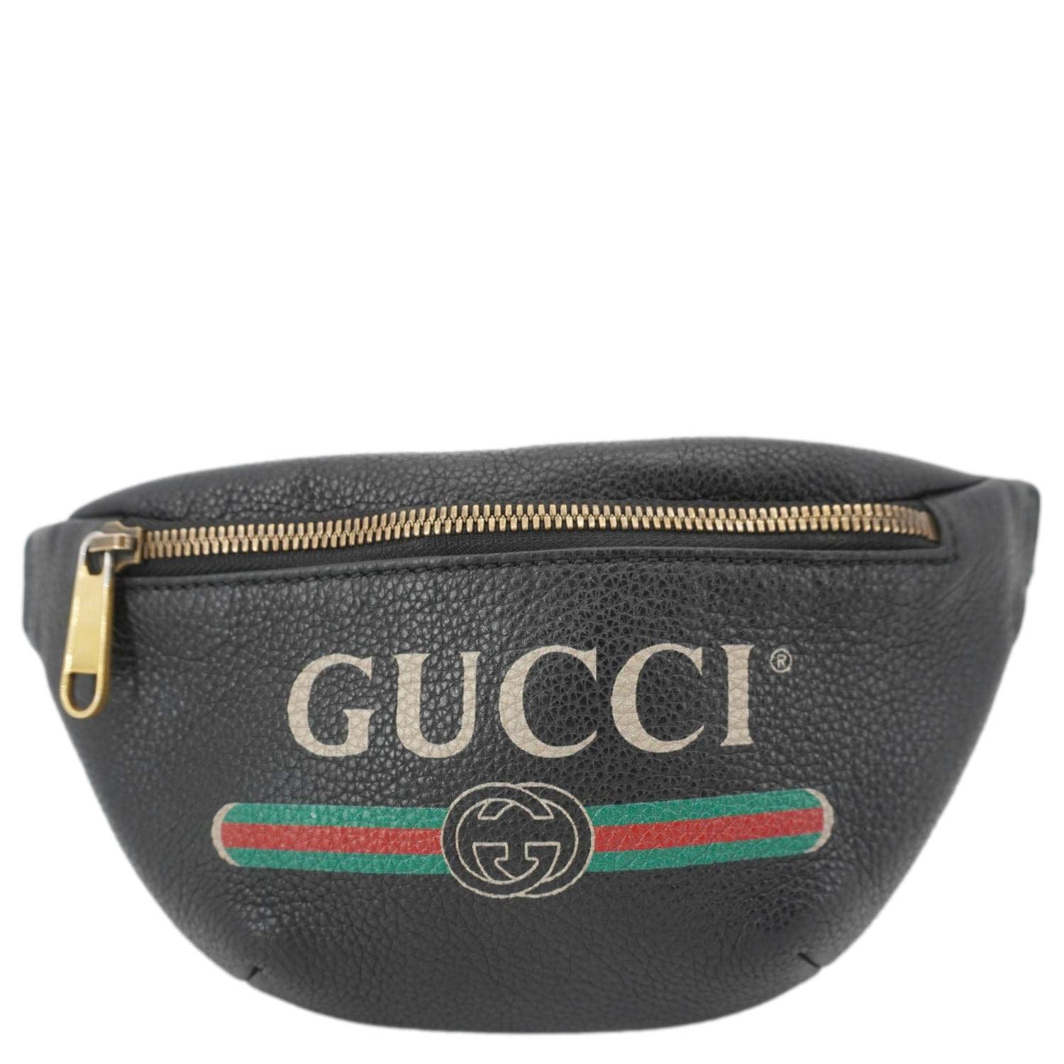 Gucci Logo Print Grained Calfskin Belt Bag Leather Black Accessory