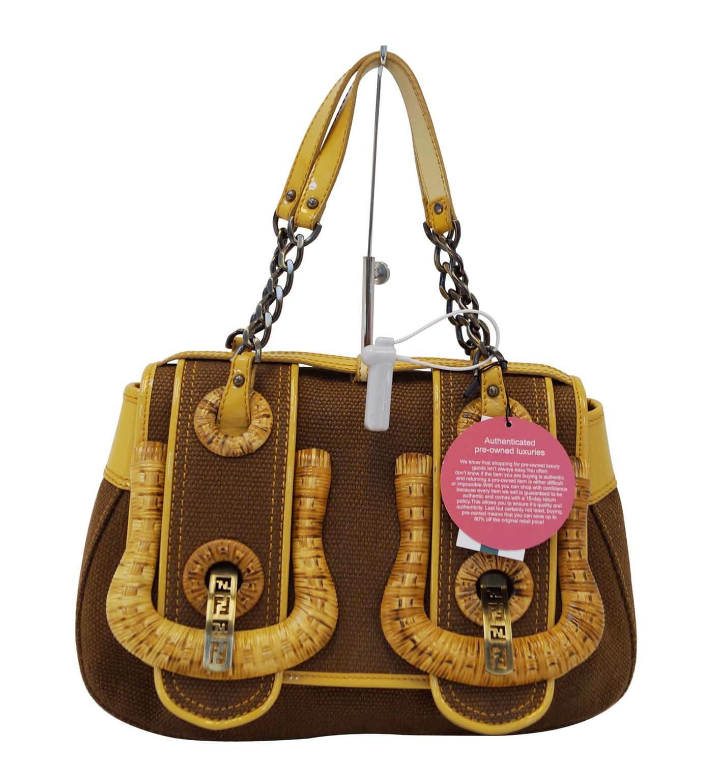 Fendi Shoulder Bag Mint Canvas Raffia Brown