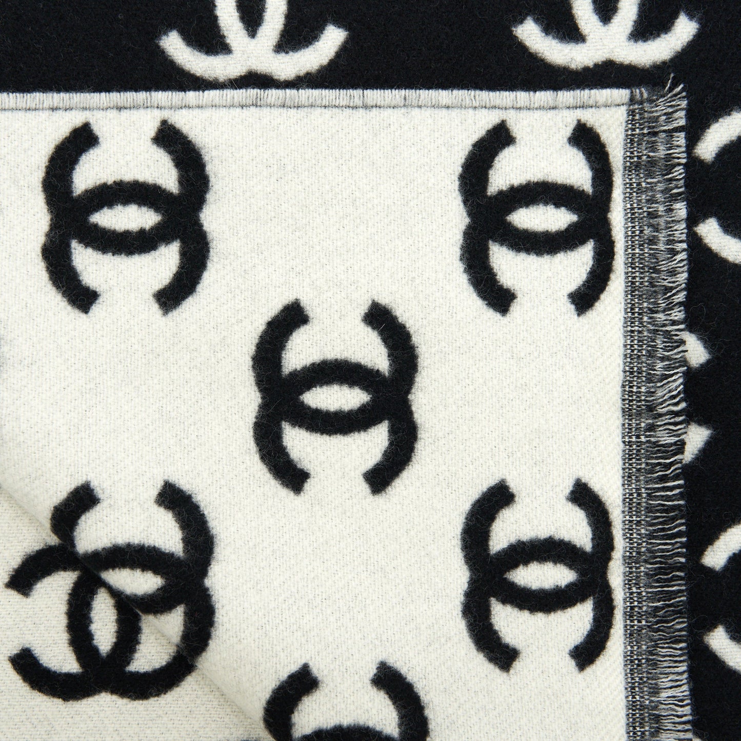 Chanel CC full logo Wool cashmere double Black White Scarf
