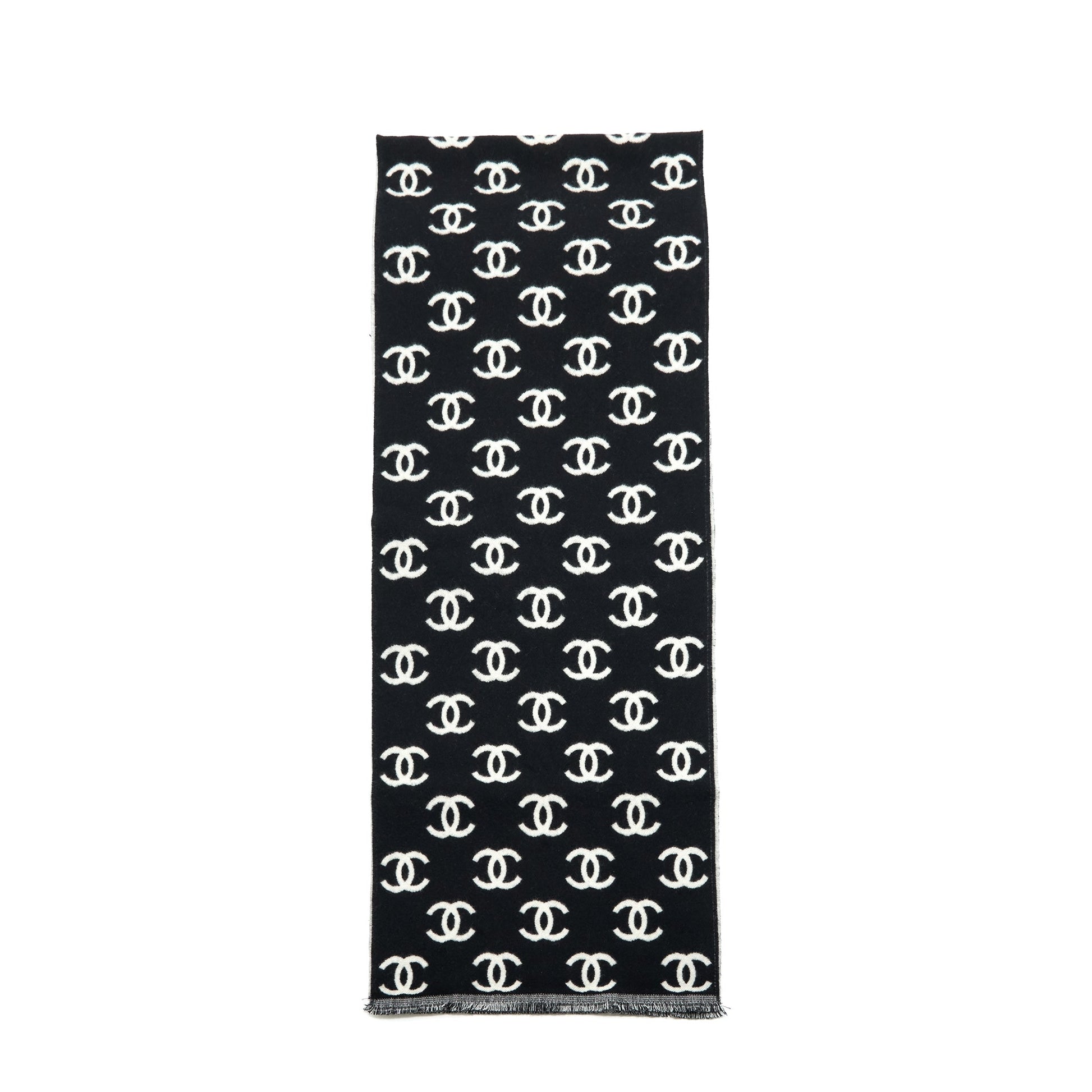 Chanel CC full logo Wool cashmere double Black White Scarf