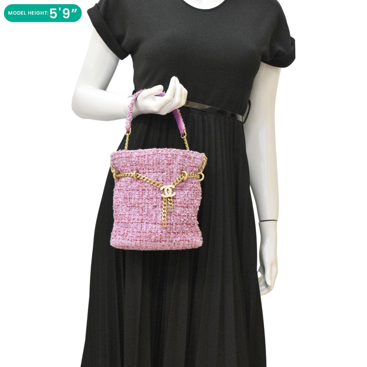Chanel Pending Cc Tweed Enamel Drawstring Tote Bucket Bag Pink