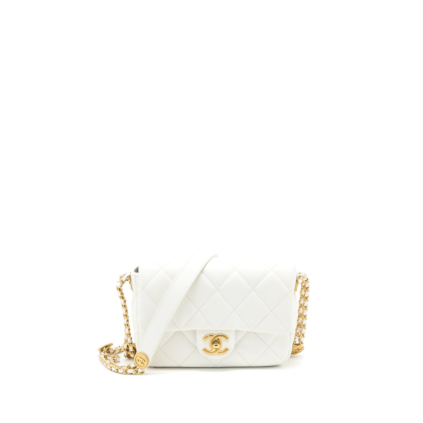 Chanel 22A Flap Caviar Brushed GHW Microchip White Small Shoulder Bag