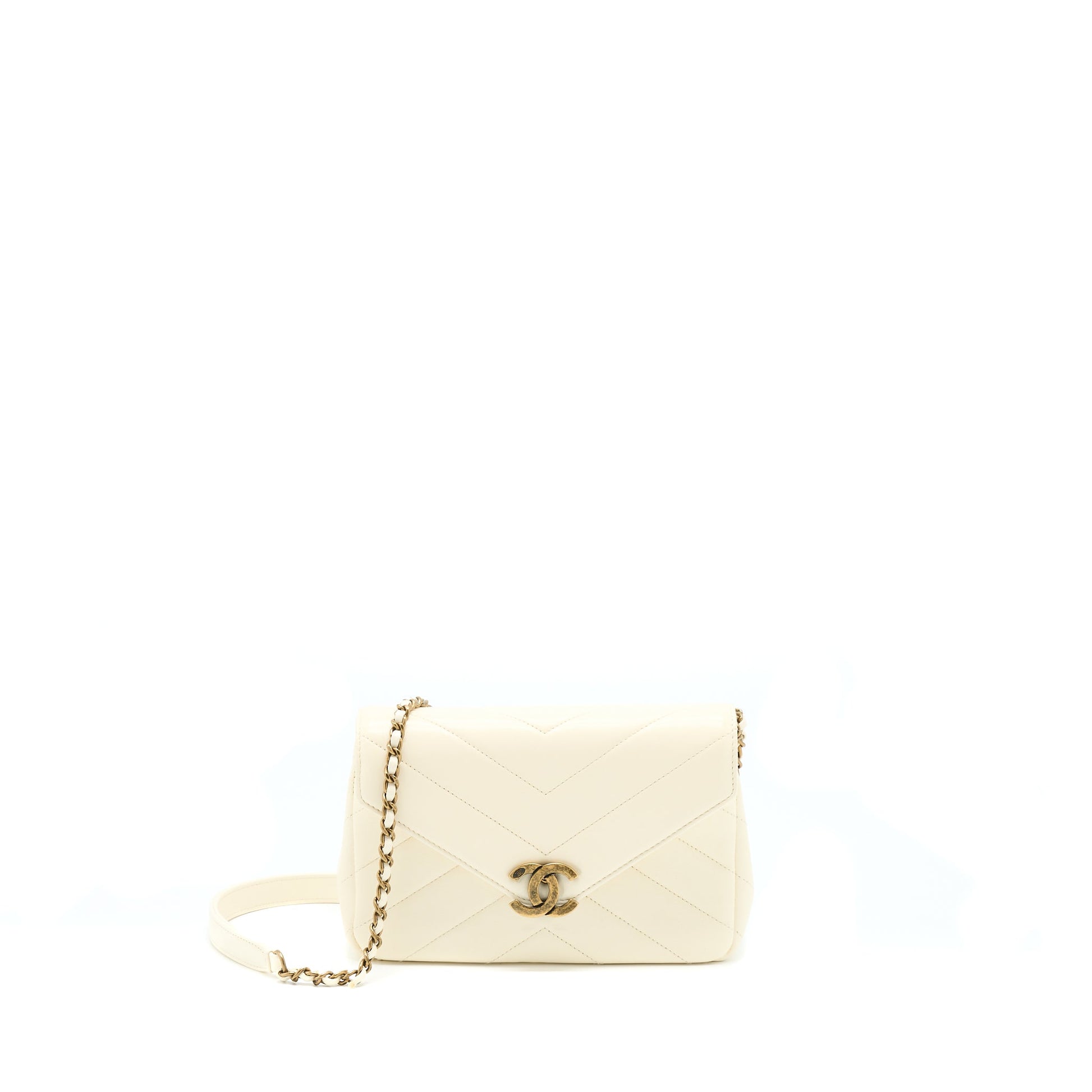 Chanel Envelop Chevron Flap Ruthenium Hardware White Gold Shoulder Bag