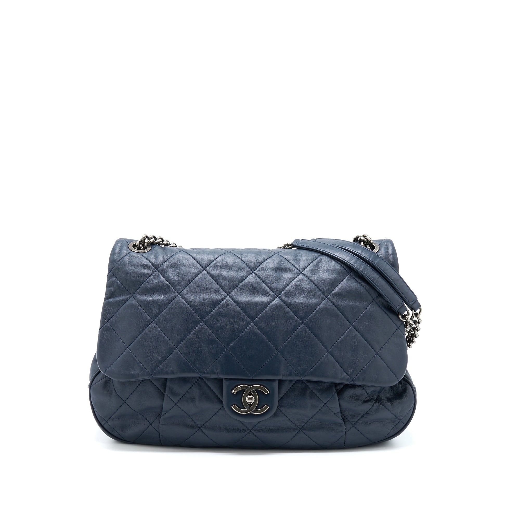 Chanel Flap Hobo Calfskin Navy Ruthenium Sliver Shoulder Bag
