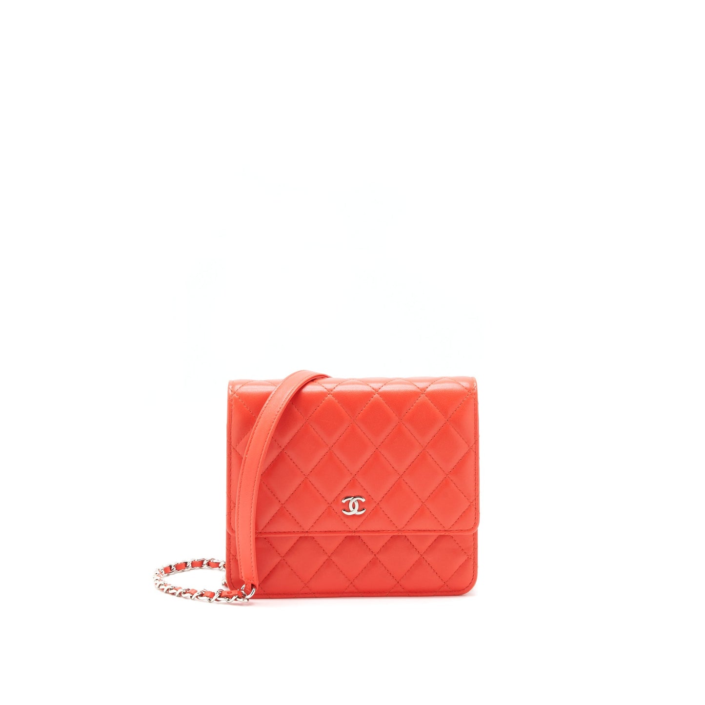 Chanel Square On Coral Lambskin SHW Red Wallet Case