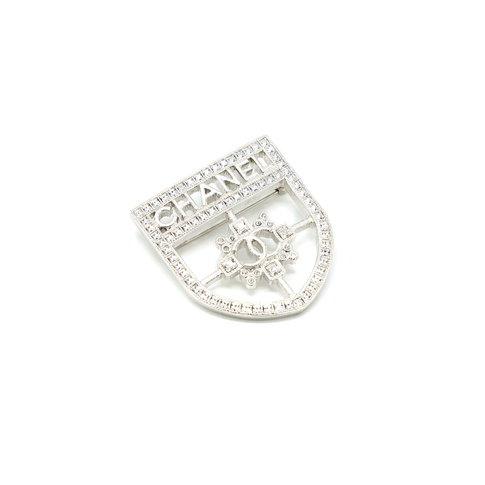 Chanel Shield Brooch Crystal Tone Silver Handbag