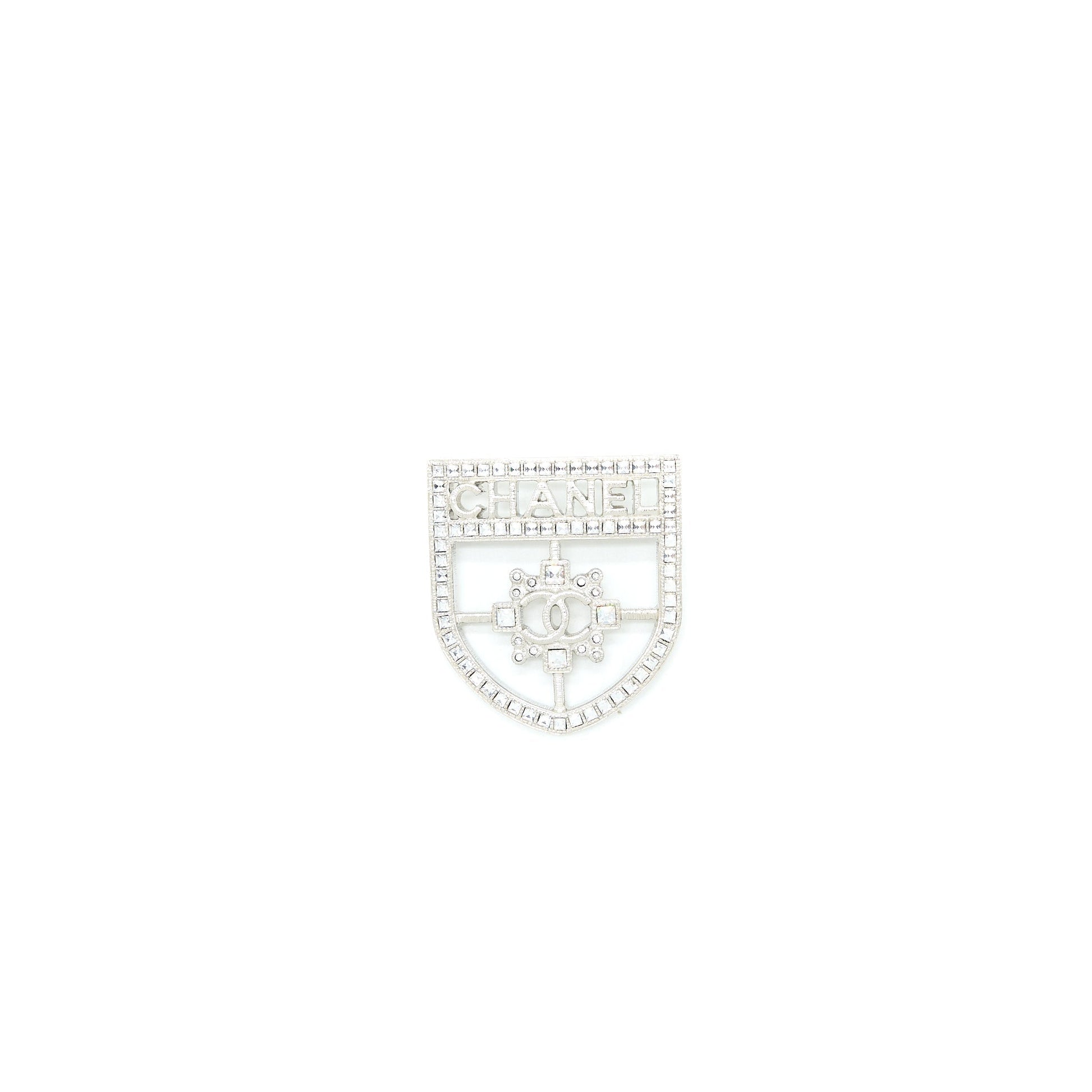 Chanel Shield Brooch Crystal Tone Silver Handbag