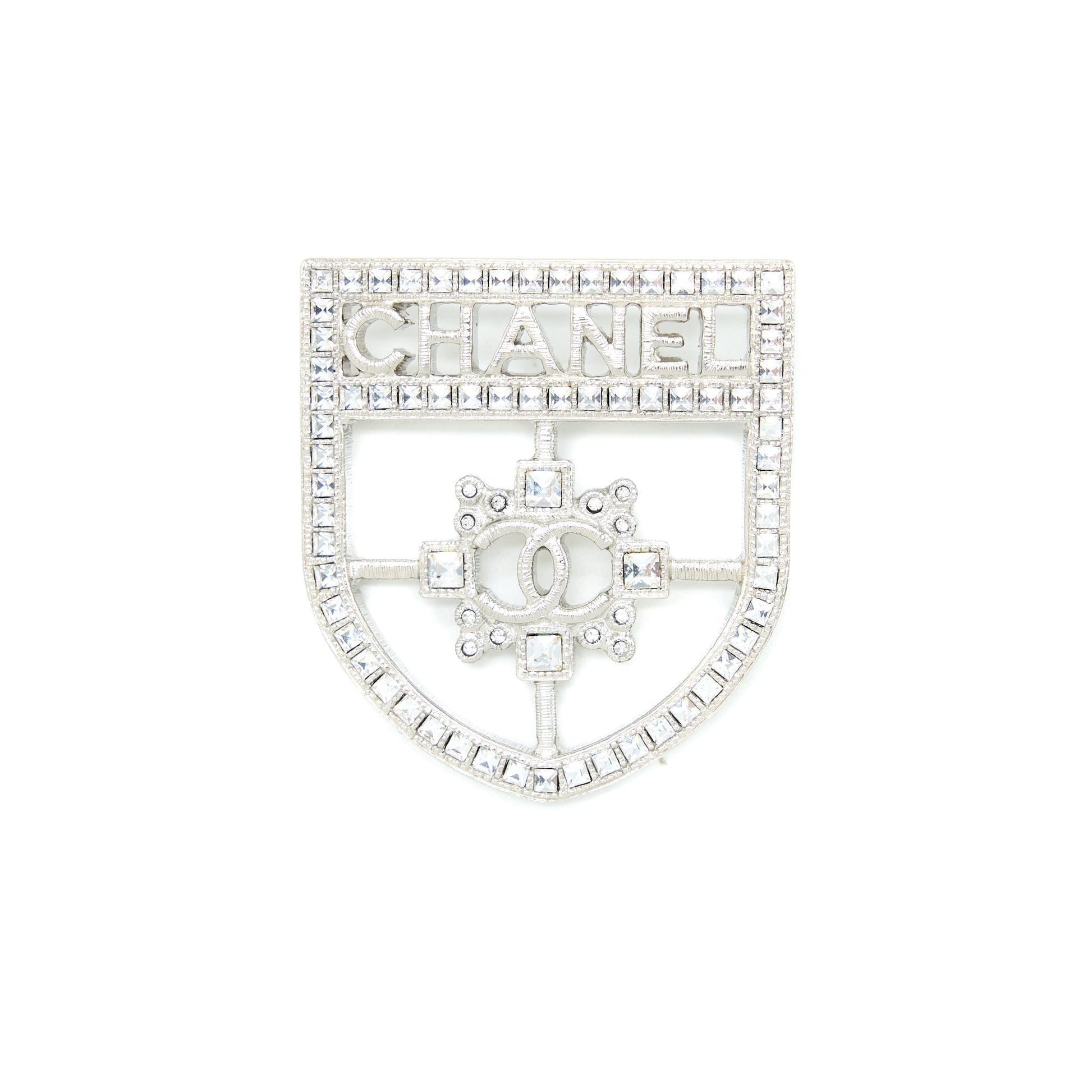 Chanel Shield Brooch Crystal Tone Silver Handbag