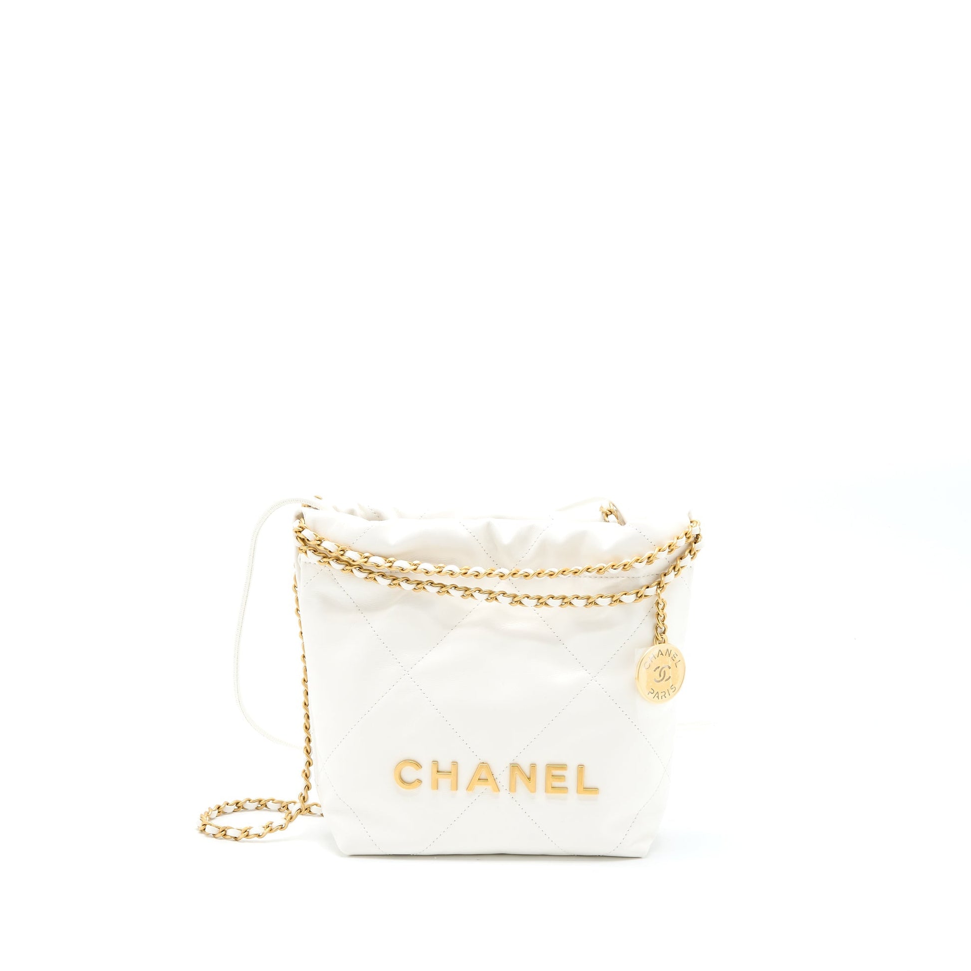 Chanel 22 Shiny Calfskin Brushed GHW Microchip White Mini Bag