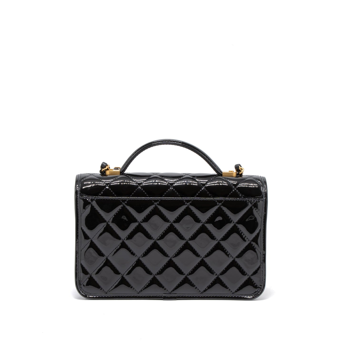 Chanel 22K Top Handle Messenger Patent Brushed Black Leather Messenger Bag