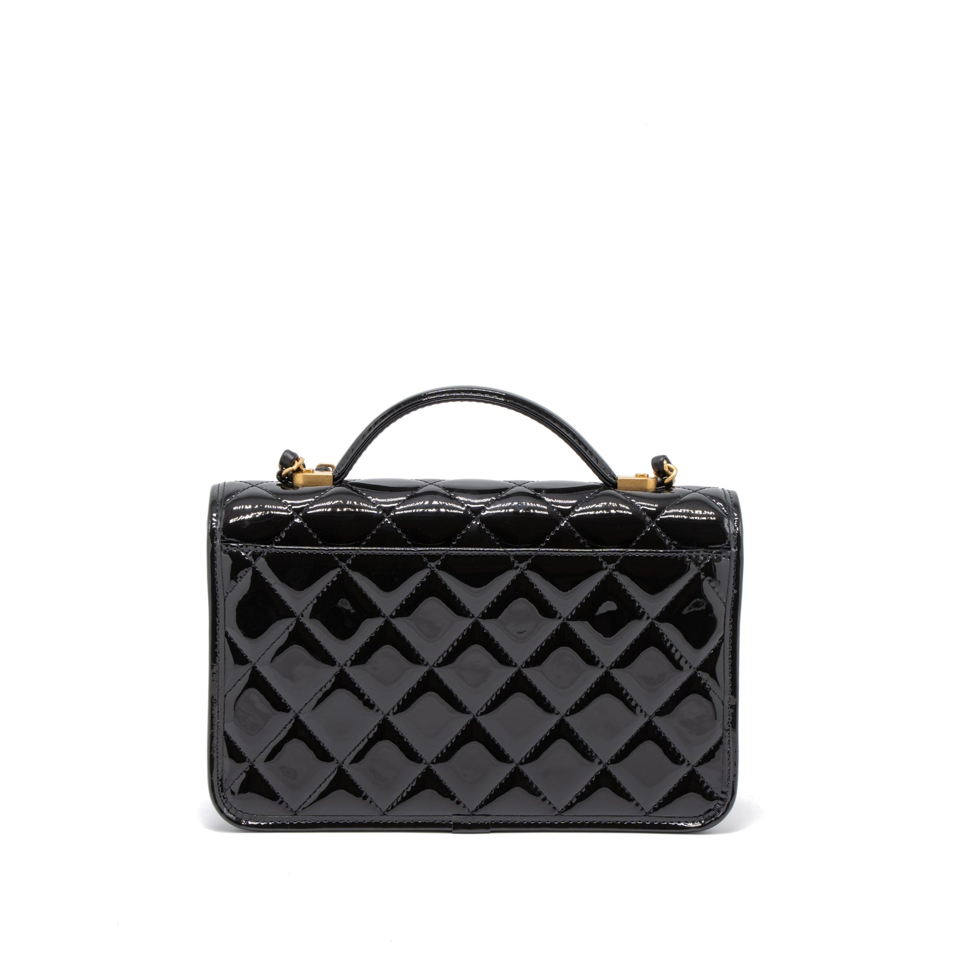 Chanel 22K Top Handle Messenger Patent Brushed Black Leather Messenger Bag