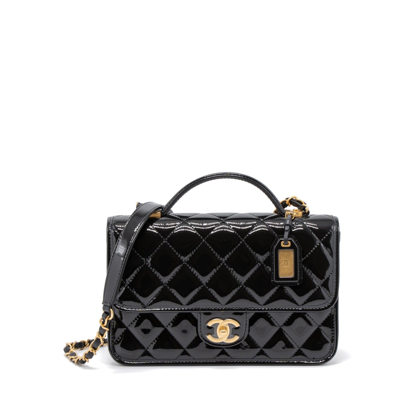 Chanel 22K Top Handle Messenger Patent Brushed Black Leather Messenger Bag
