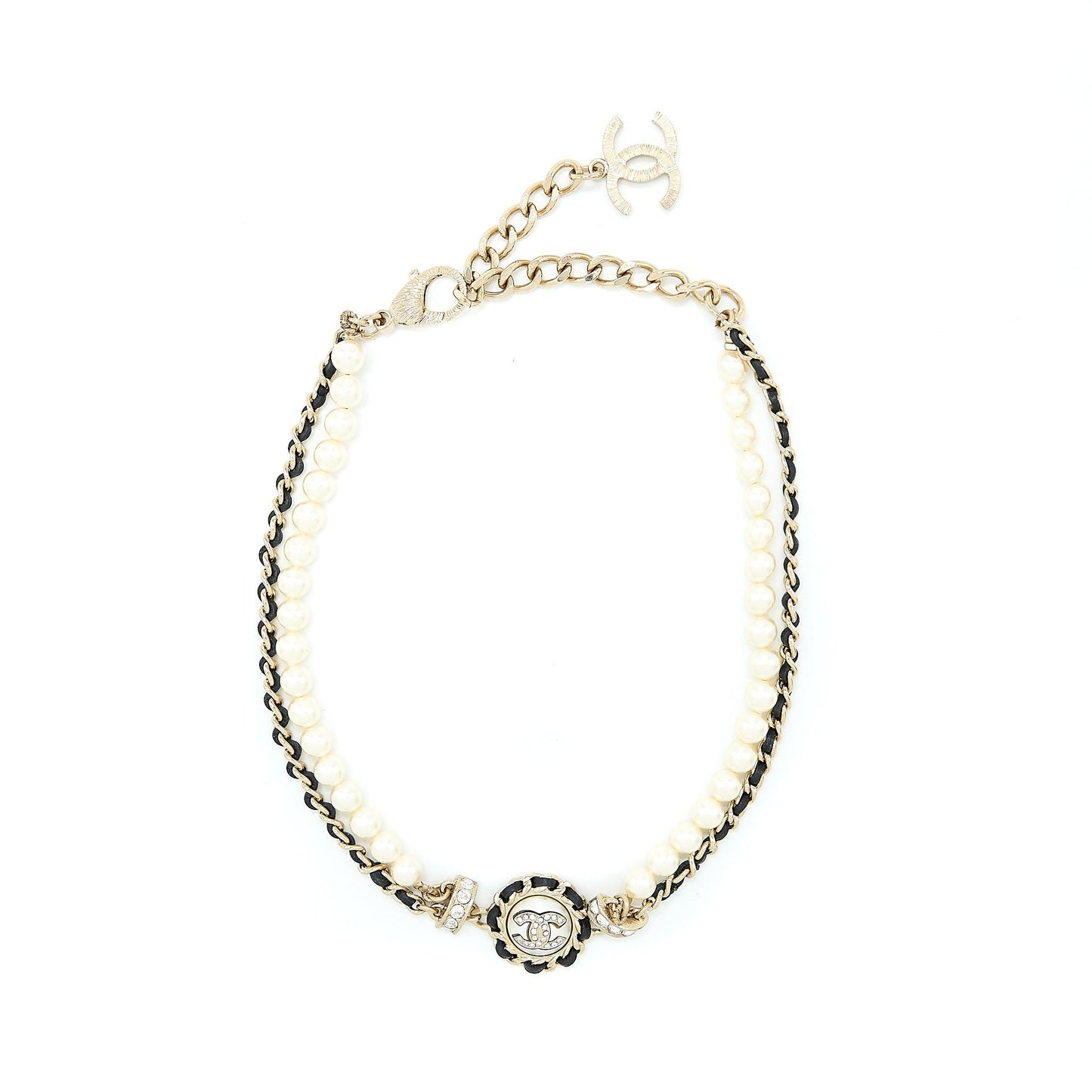 Chanel Crystal CC Logo Pearl Chocker Light Gold Leather Handbag