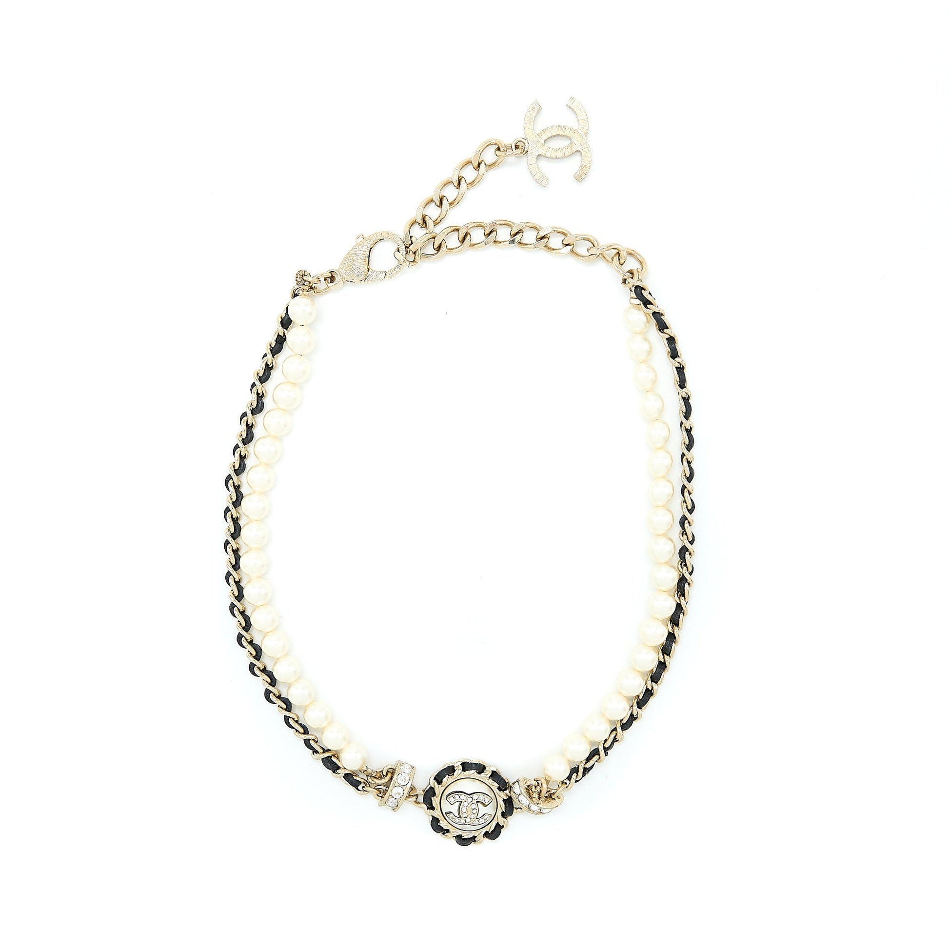 Chanel Crystal CC Logo Pearl Chocker Light Gold Leather Handbag
