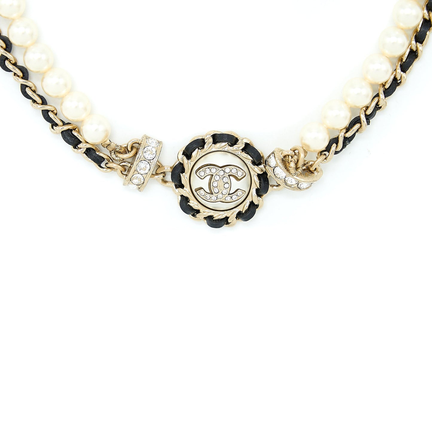 Chanel Crystal CC Logo Pearl Chocker Light Gold Leather Handbag