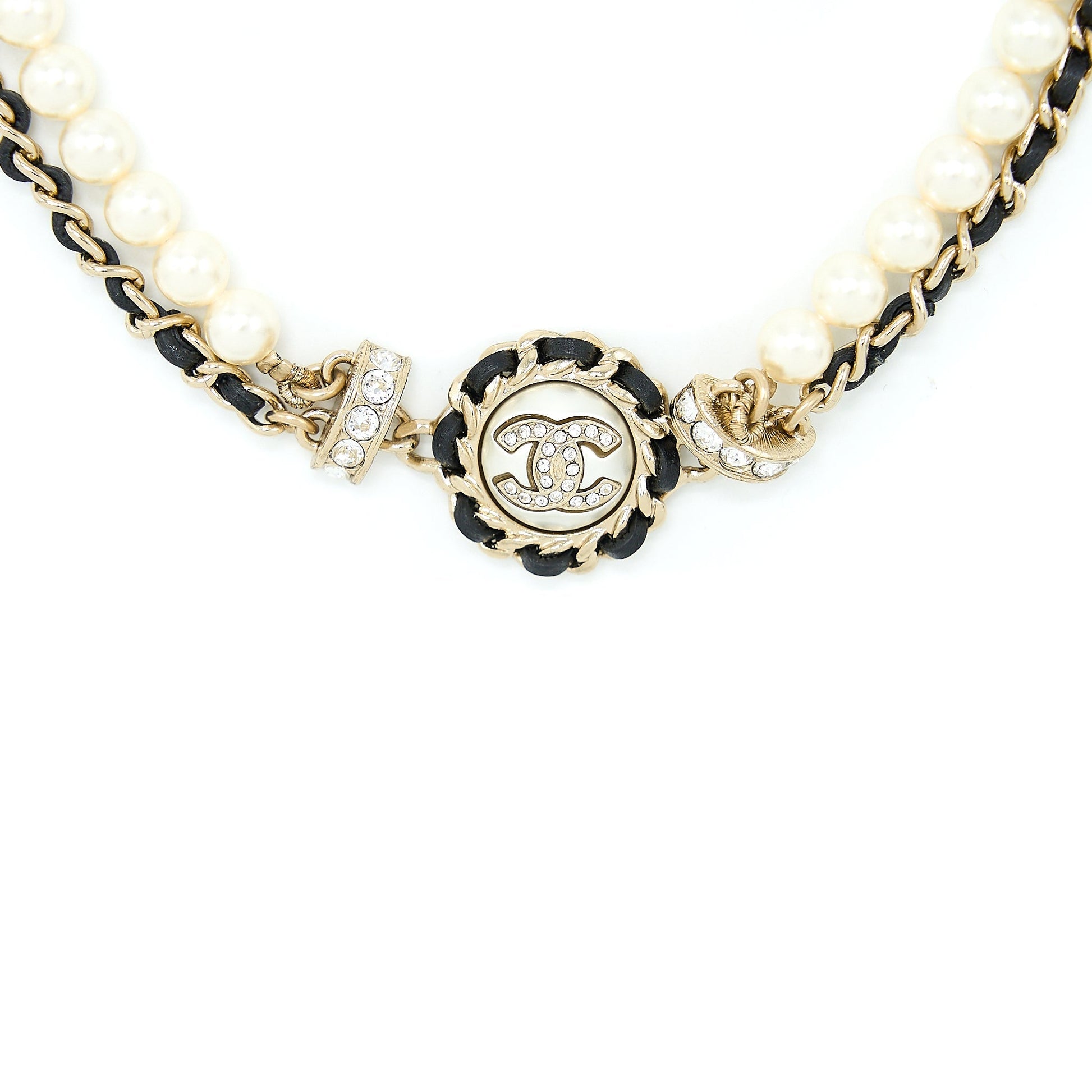 Chanel Crystal CC Logo Pearl Chocker Light Gold Leather Handbag