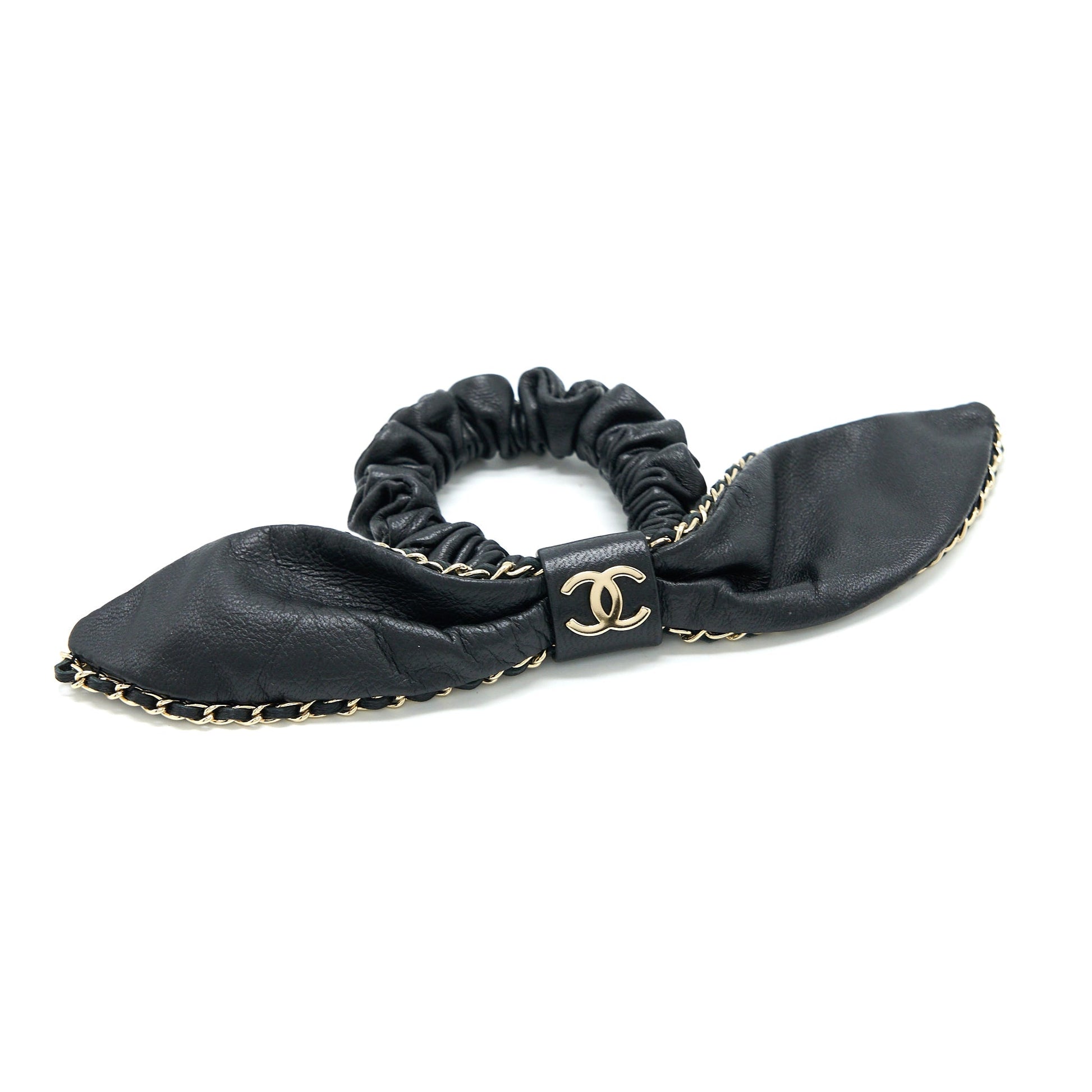 Chanel Hair Bow Tie Lambskin Light Tone Black Gold Handbag
