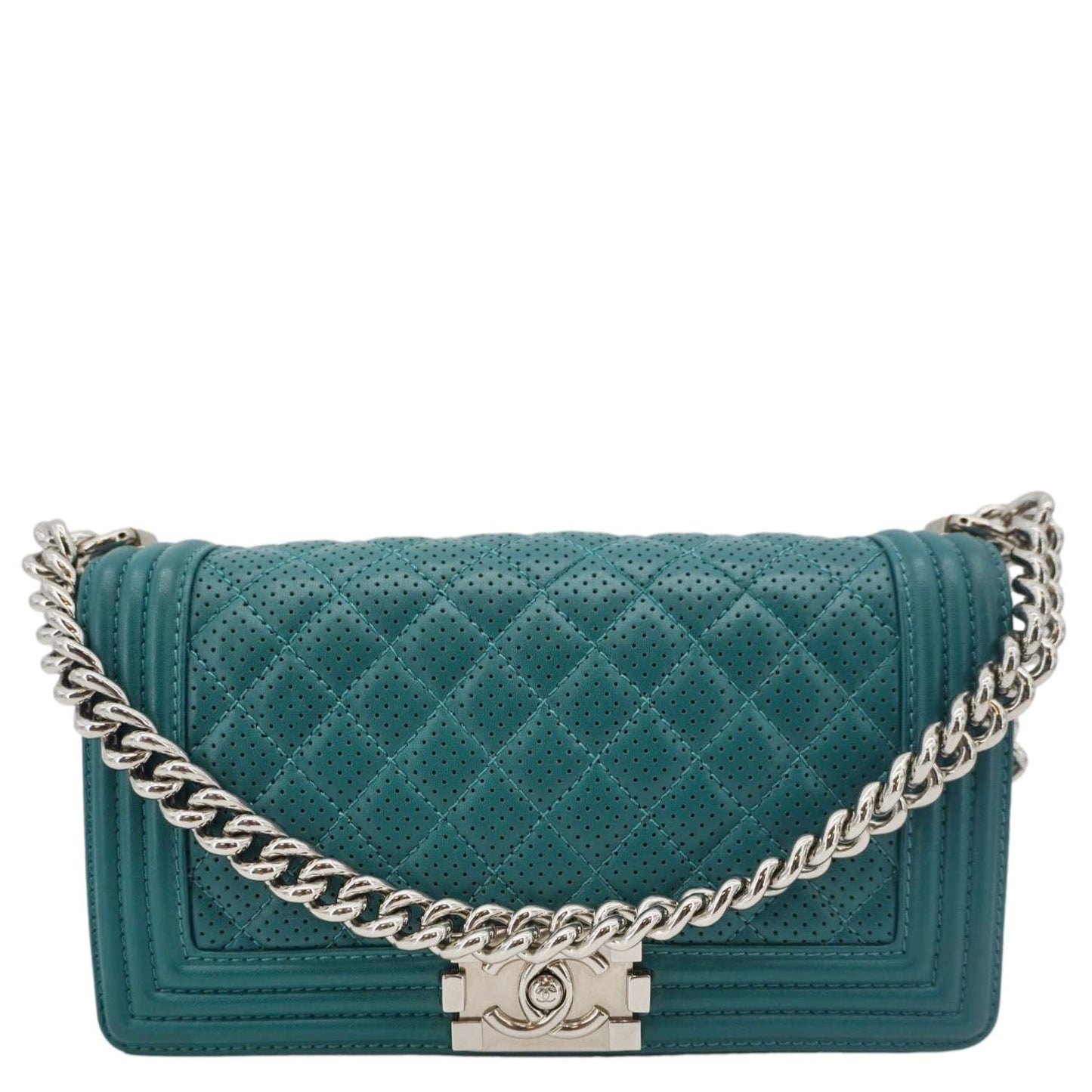 Chanel Boy Flap Perforated Turquoise Leather Travel Bag