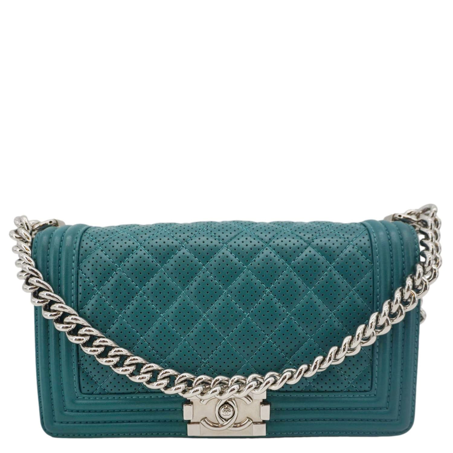 Chanel Boy Flap Perforated Turquoise Leather Travel Bag