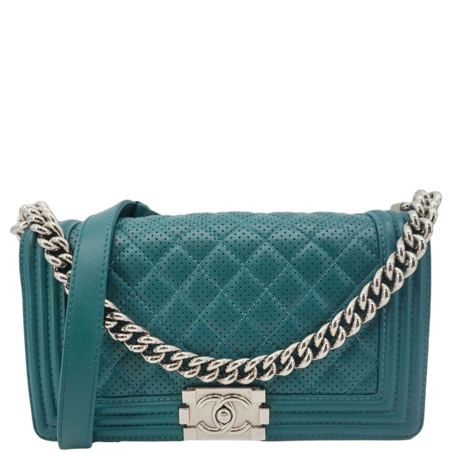 Chanel Boy Flap Perforated Turquoise Leather Travel Bag