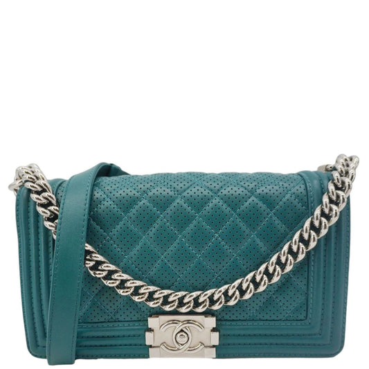 Chanel Boy Flap Perforated Turquoise Leather Travel Bag