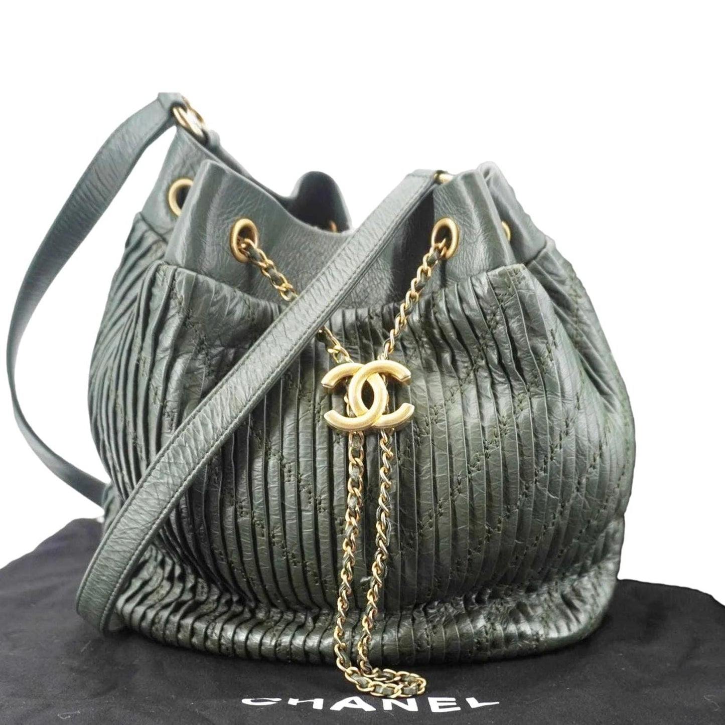 Chanel Chevron Drawstring Bucket Leather Green Jewelry
