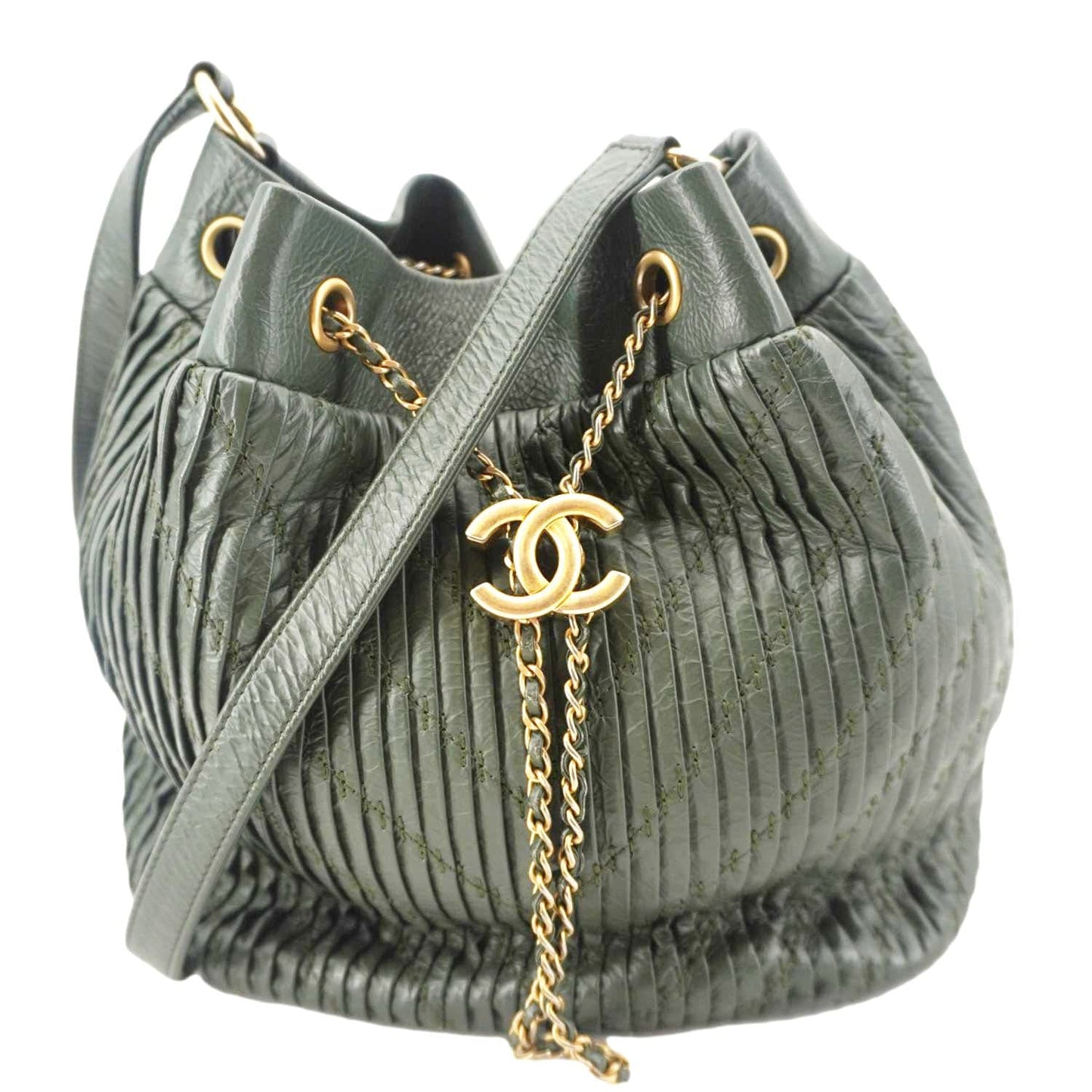 Chanel Chevron Drawstring Bucket Leather Green Jewelry