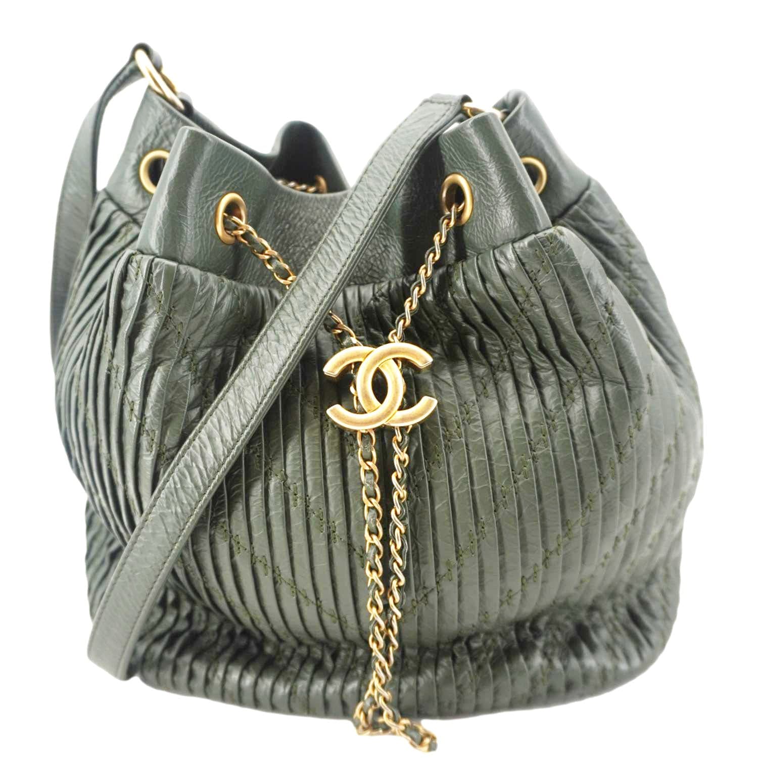 Chanel Chevron Drawstring Bucket Leather Green Jewelry