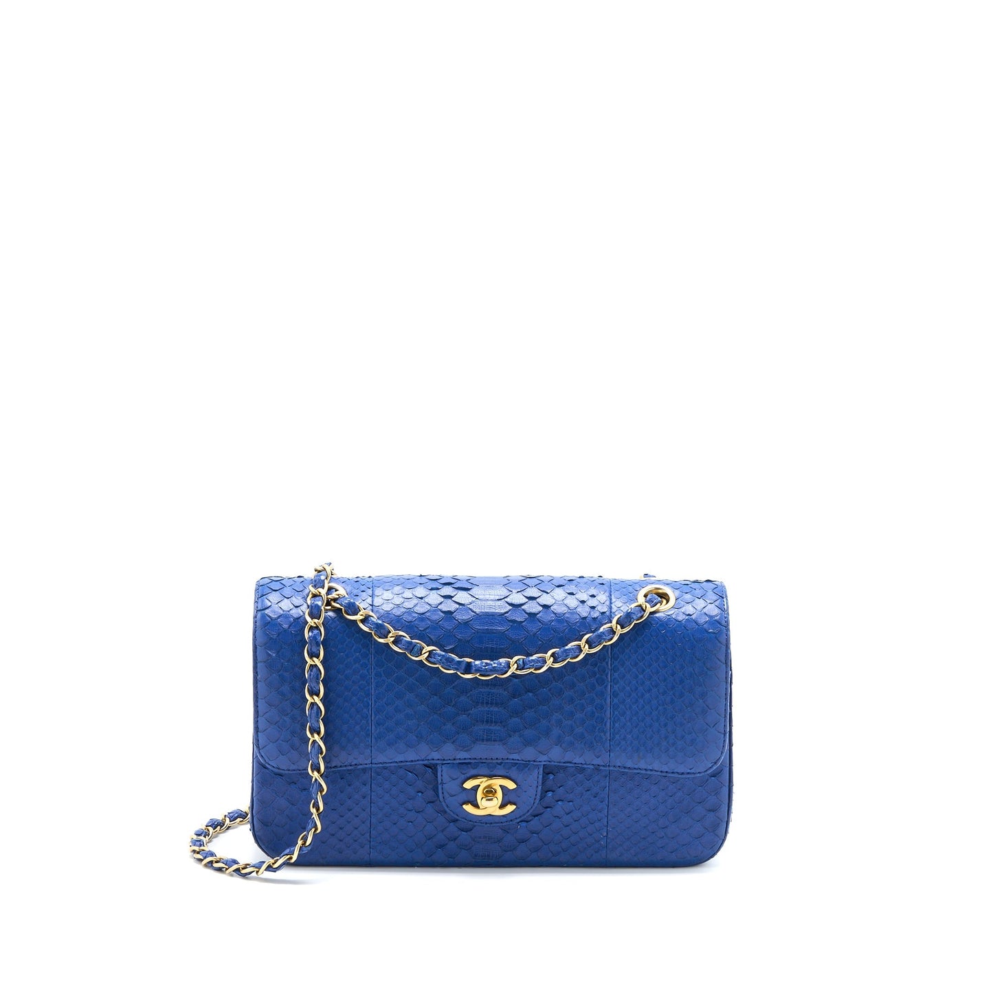 Chanel Classic Double Flap Python GHW Blue Shoulder Bag