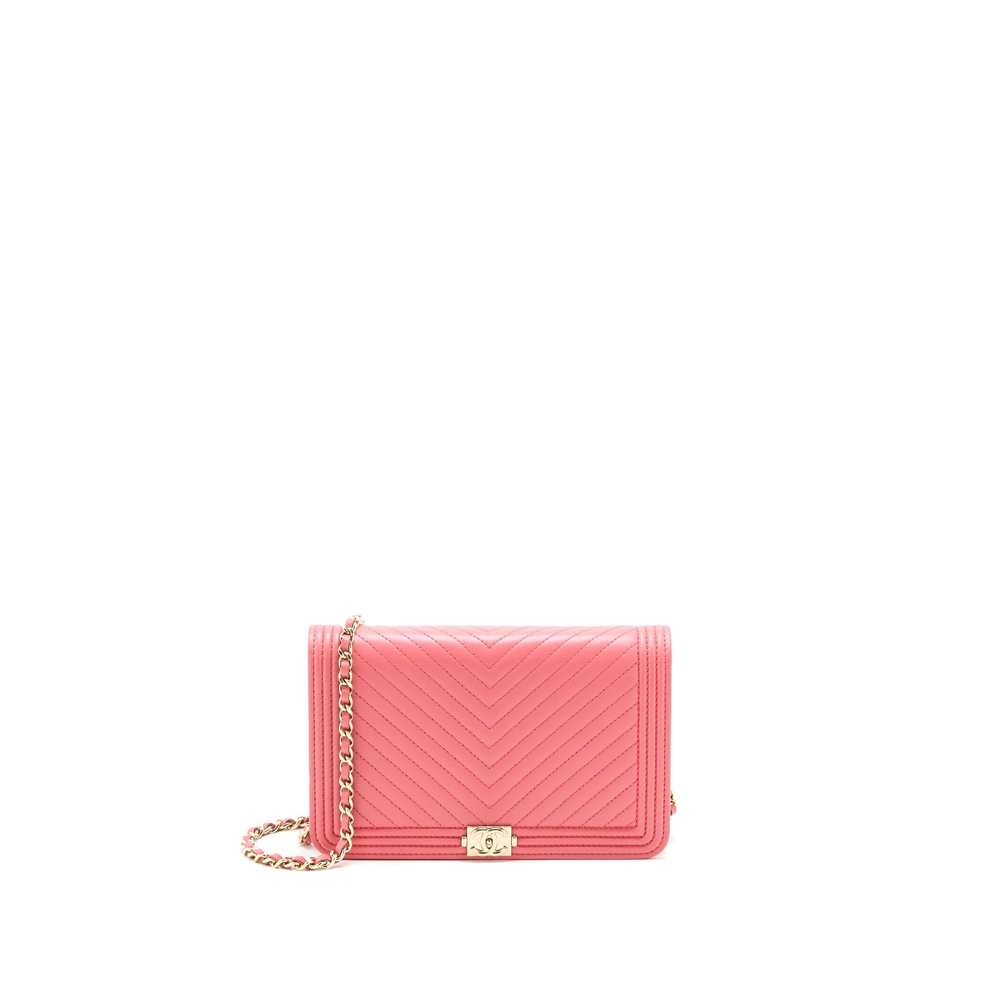 Chanel Boy On Chevron Calfskin LGHW Pink Wallet Case