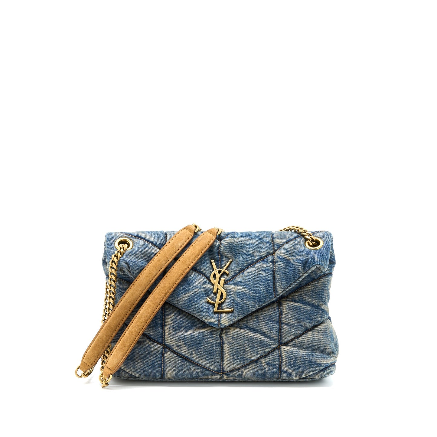 YSL Saint Laurent Saint Laurent Small Puffer Chain Purse Ruthenium Suede Denim Travel Bag