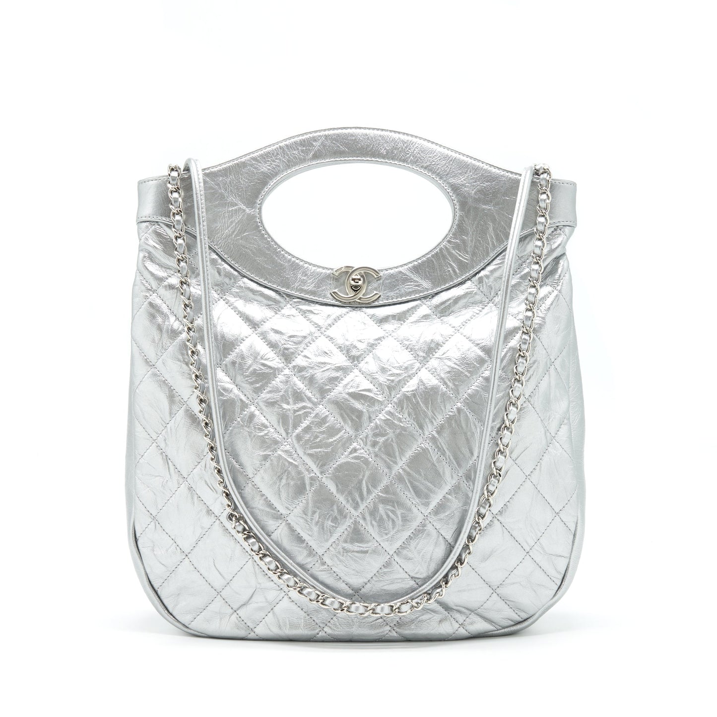 Chanel 31 Quilted Crumpled Calfskin Silver Small Handbag