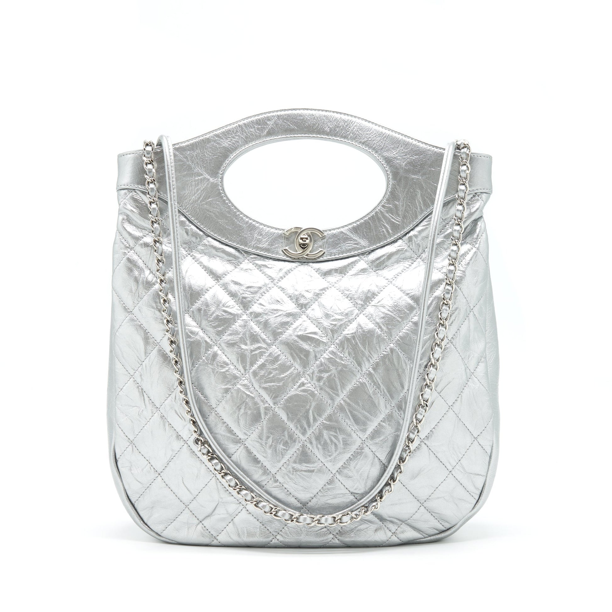 Chanel 31 Quilted Crumpled Calfskin Silver Small Handbag