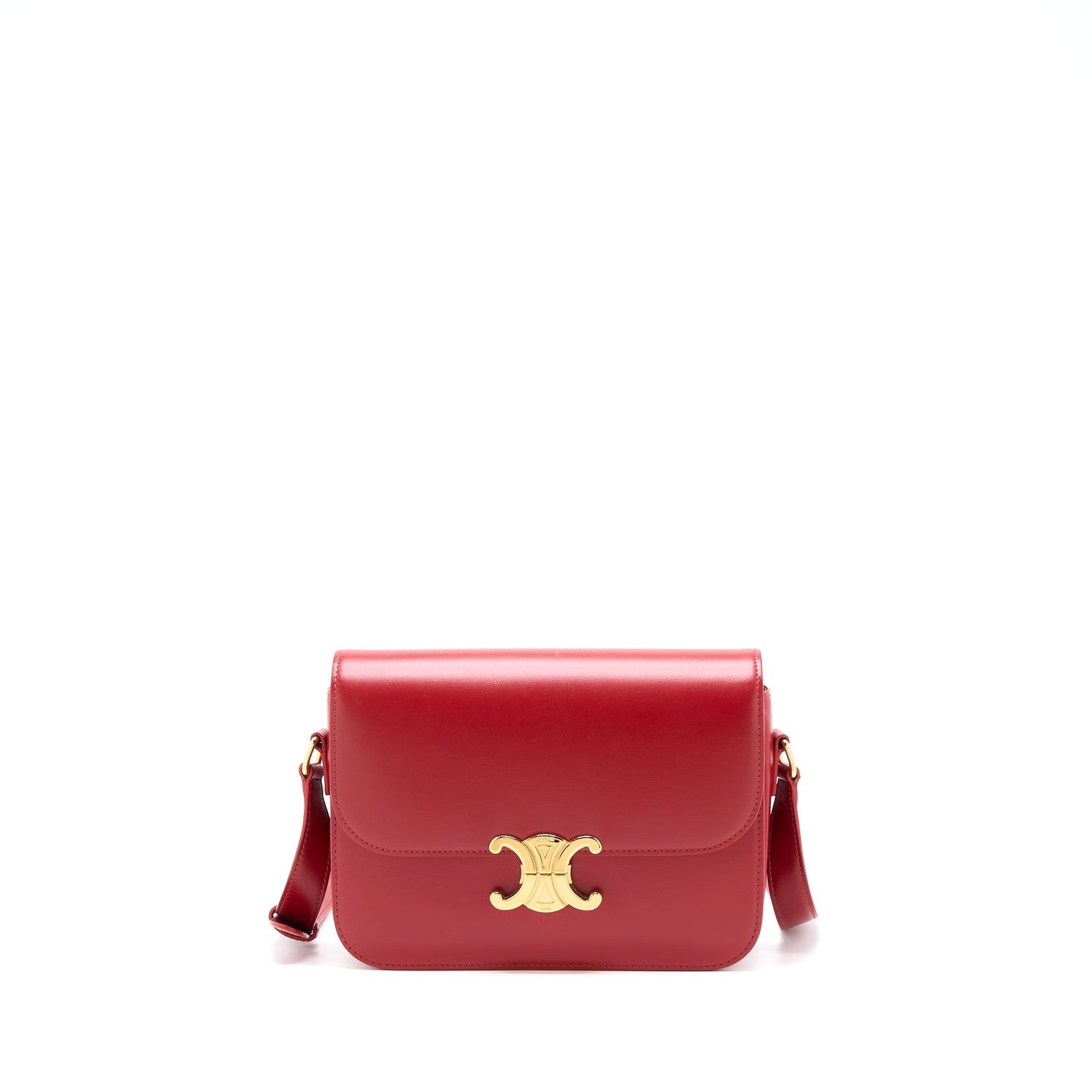 Celine Classique Triomphe Purse Shiny Calfskin Handbag Red Medium Travel Bag