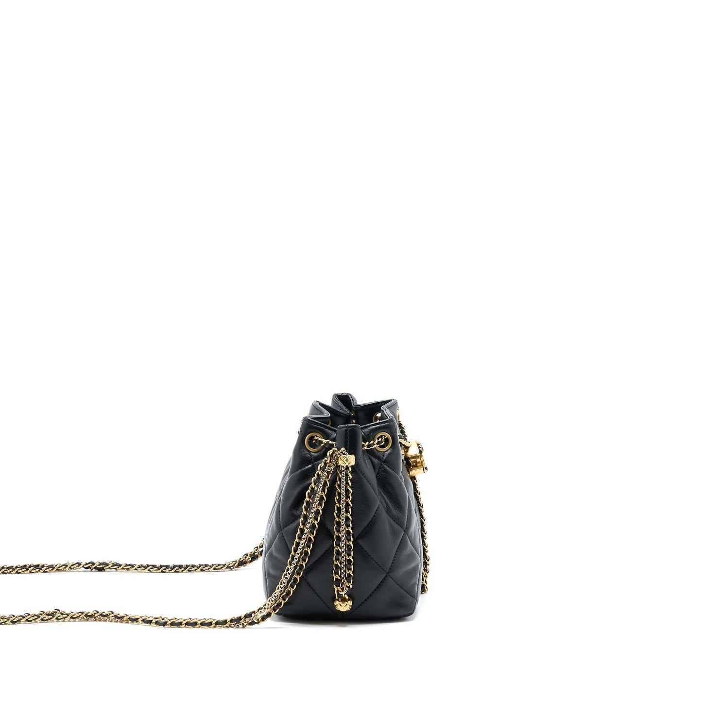 Chanel Drawstring Bucket Lambskin GHW Microchip Black Jewelry