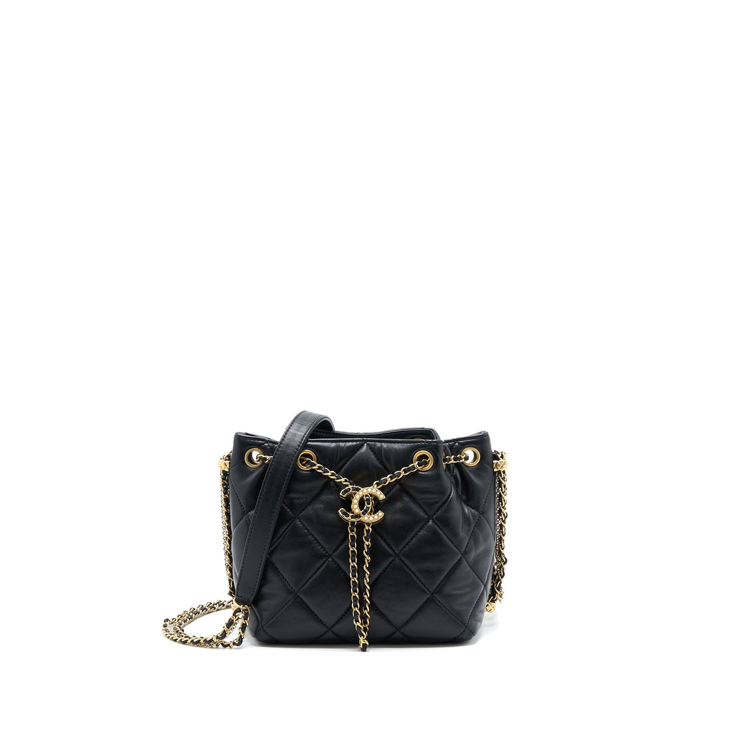 Chanel Drawstring Bucket Lambskin GHW Microchip Black Jewelry